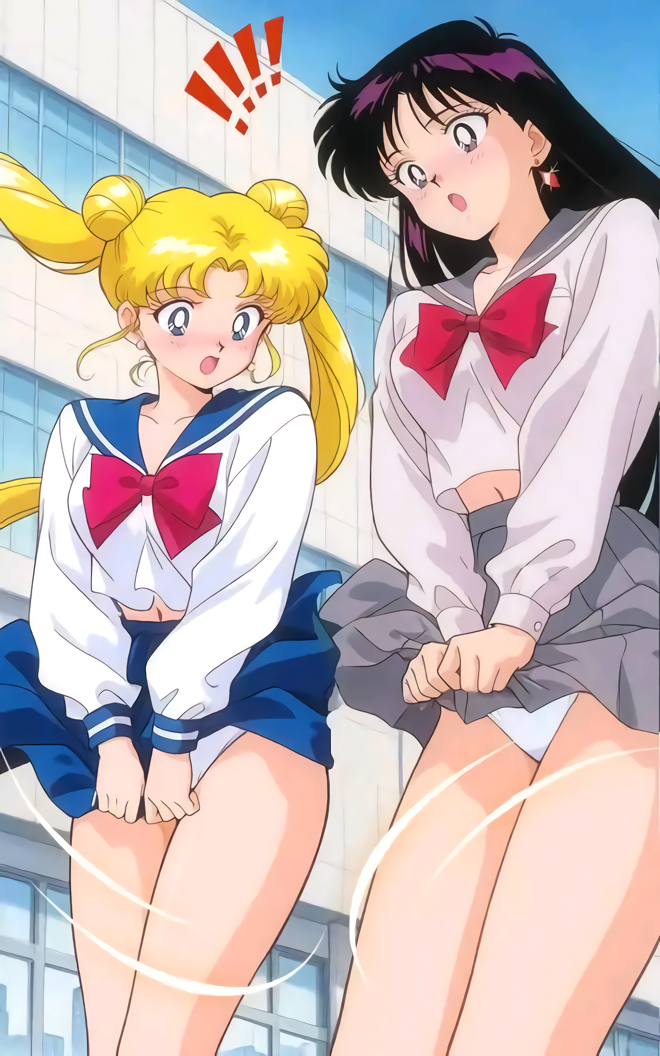 2girls, accidental exposure, ai generated, background, belly button, best friends, bishoujo senshi sailor moon, blonde hair, blonde-haired female, blue eyes, blue skirt, blue-eyed female, blush, blush lines, blushing female, breasts, closed legs, cute face, cute faces, day, daytime, earrings, exposed panties, eyes open, fat boobs, fat breasts, fat tits, female, female only, friends, grabbing skirt, grey skirt, high school, high school student, holding skirt, holding skirt down, kaizou bel, legs, legs closed, long hair, long-haired female, medium boobs, medium breasts, medium tits, only female, only girl, open eyes, open mouth, outdoors, panties, panties exposed, panties visible under skirt, pantyshot, public exposure, purple eyes, purple hair, purple-eyed female, purple-haired female, rei hino, remastered, school, school girls, school uniform, schoolgirl, schoolgirl uniform, seifuku, serafuku, skirt, skirt grab, skirt up, student, student life, suprised, suprised expression, suprised eyes, suprised look, thick legs, thick thighs, thighs, toei animation, upscaled, upskirt, usagi tsukino, very long hair, very long-haired female, white panties, wind, yellow hair, yellow-haired female, young, young female, young girl, young woman, younger female, younger woman