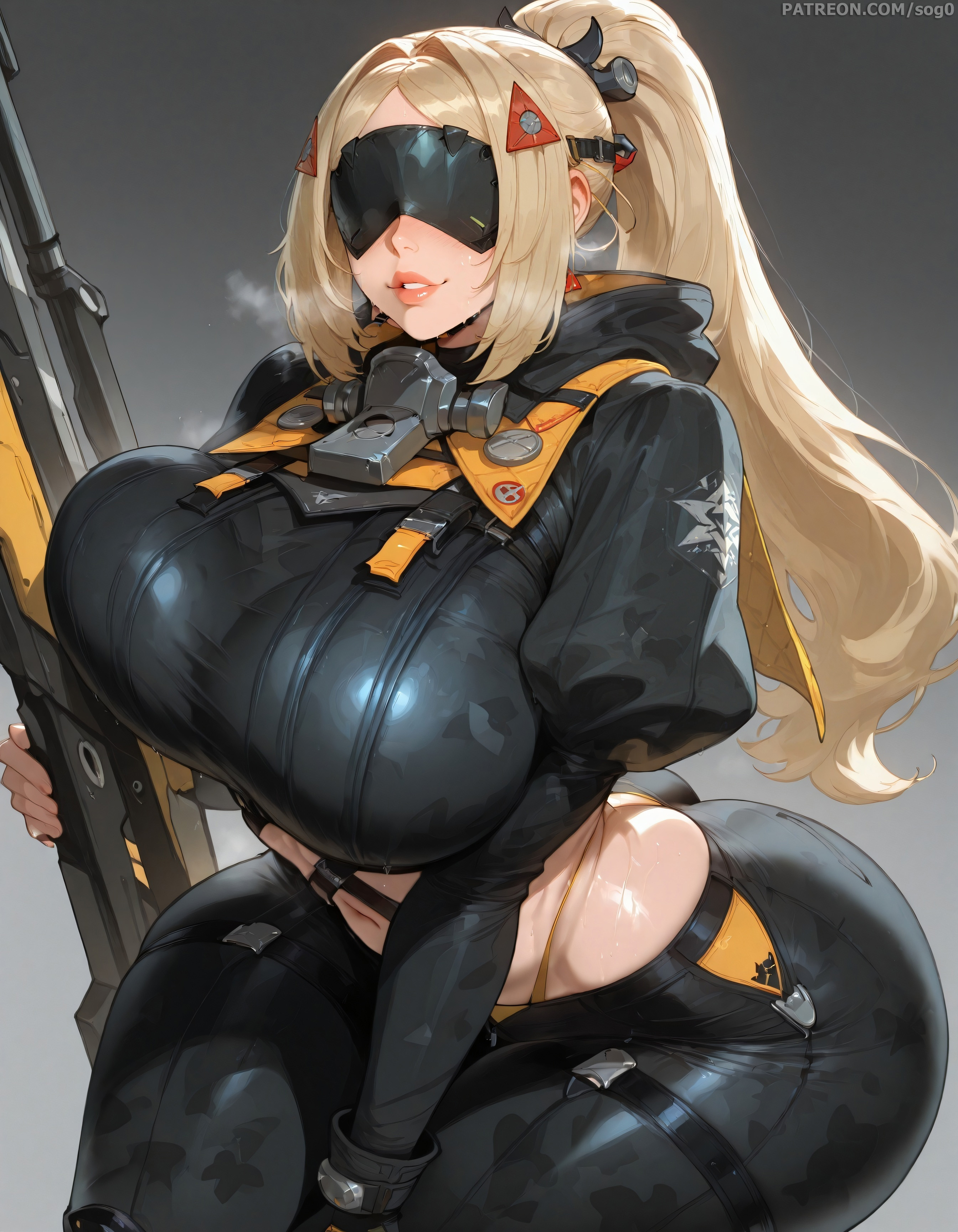 1girls, ai generated, all fours, ass, ass focus, back, bangs, big breasts, black blindfold, black gloves, black pants, blindfold, blonde hair, blush, bodysuit, bouncing breasts, breasts, camouflage, clothing, covered eyes, cropped jacket, curvaceous, curvy, curvy figure, earrings, eyewear, female, female only, fingerless gloves, from behind, gloves, gun, hair ornament, heavy breathing, hoyoverse, huge ass, jacket, jewelry, lamp, large ass, large breasts, legwear, light skin, light-skinned female, long hair, long sleeves, looking back, mature female, midriff, mihoyo, naughty face, navel, open mouth, panties, pants, pantsu, pantyhose, parted bangs, patreon, pillow, ponytail, sidelocks, sitting, skin tight, smile, sogo, solo, sweat, thick thighs, thigh gap, thighs, thong, tight clothes, tight clothing, tight pants, trigger (zenless zone zero), underwear, voluptuous, voluptuous female, wide hips, yellow panties, zenless zone zero