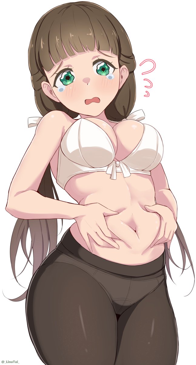 bare arms, bare belly, bare shoulders, belly button, belly grab, big breasts, blush, bra, breasts, brown hair, cleavage, embarrassed, female, grabbing own belly, green eyes, linatai, long hair, love live!, love live! superstar!!, open mouth, panties, panties under pantyhose, pantyhose, sakurakouji kinako, tears, thick thighs, thighs, underwear, wavy mouth, weight conscious, white bra