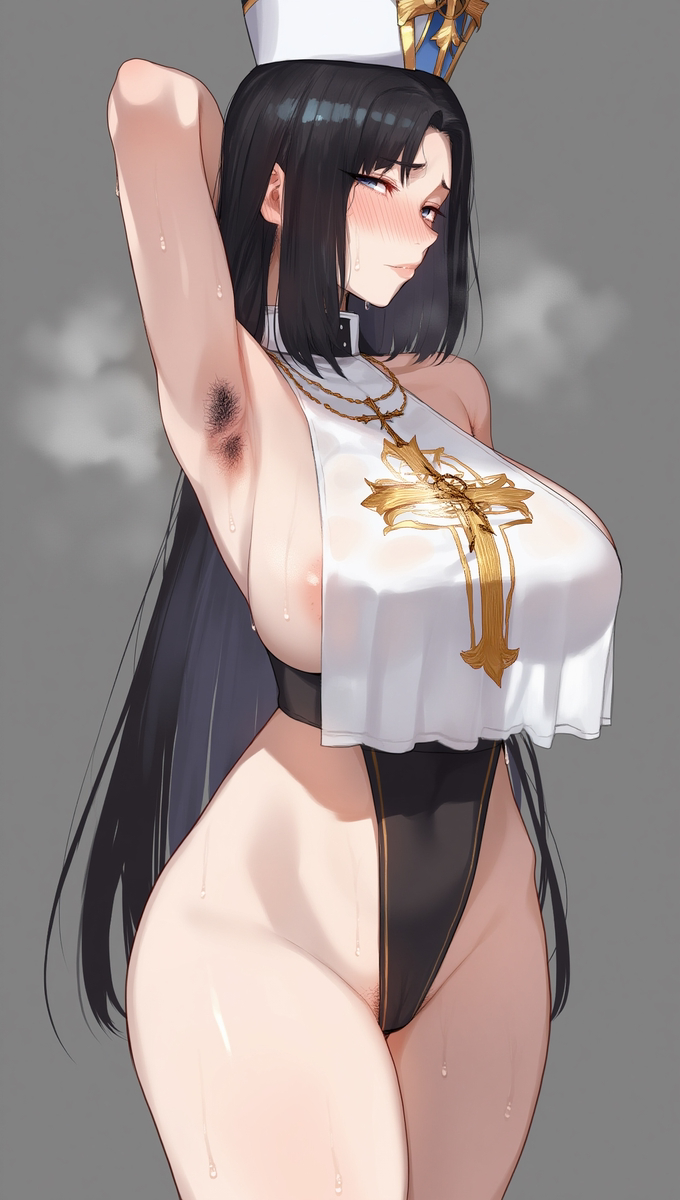 ai generated, areola slip, arm behind head, arm up, armpit hair, armpits, black hair, blush, breasts, covered navel, cross, female, female pubic , grey background, hat, highleg, highleg leotard, jewelry, large breasts, leotard, long hair, looking at viewer, mur ai nsfw, necklace, pubic hair, sideboob, simple background, solo, steaming body, sweat, thighs