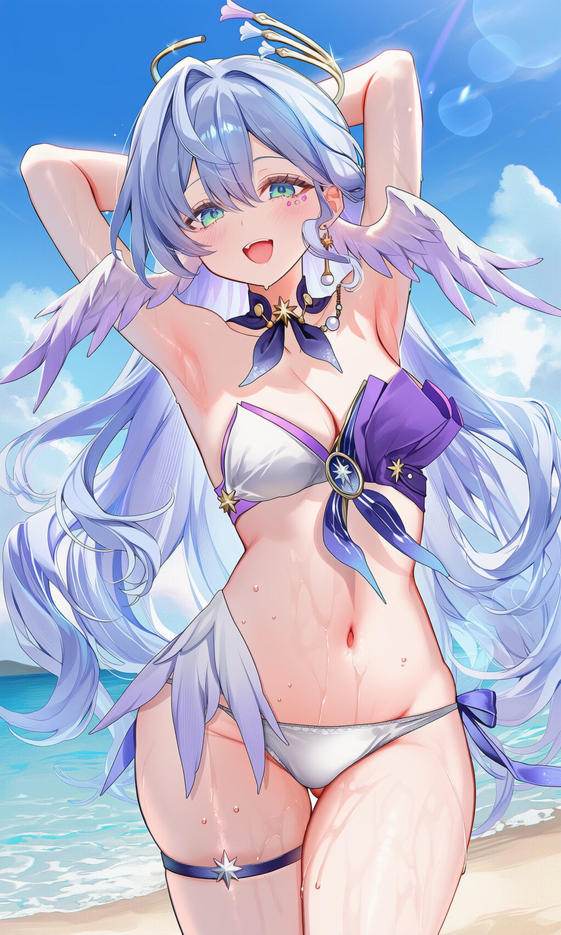 1girls, 2d, 2d (artwork), ai generated, alternate costume, arms behind head, arms up, beach, beach background, bikini, bikini bottom, bikini top, blue eyes, blue hair, clouds, day, female, female focus, female only, front view, honkai: star rail, hourglass figure, light skin, light-skinned female, long hair, looking at viewer, ocean, outdoors, poyon na, robin (honkai: star rail), sand, sky, slim female, smiling, smiling at viewer, solo, solo female, solo focus, swimsuit, thong, thong bikini, two piece swimsuit, water, wet, wet body, young, younger female