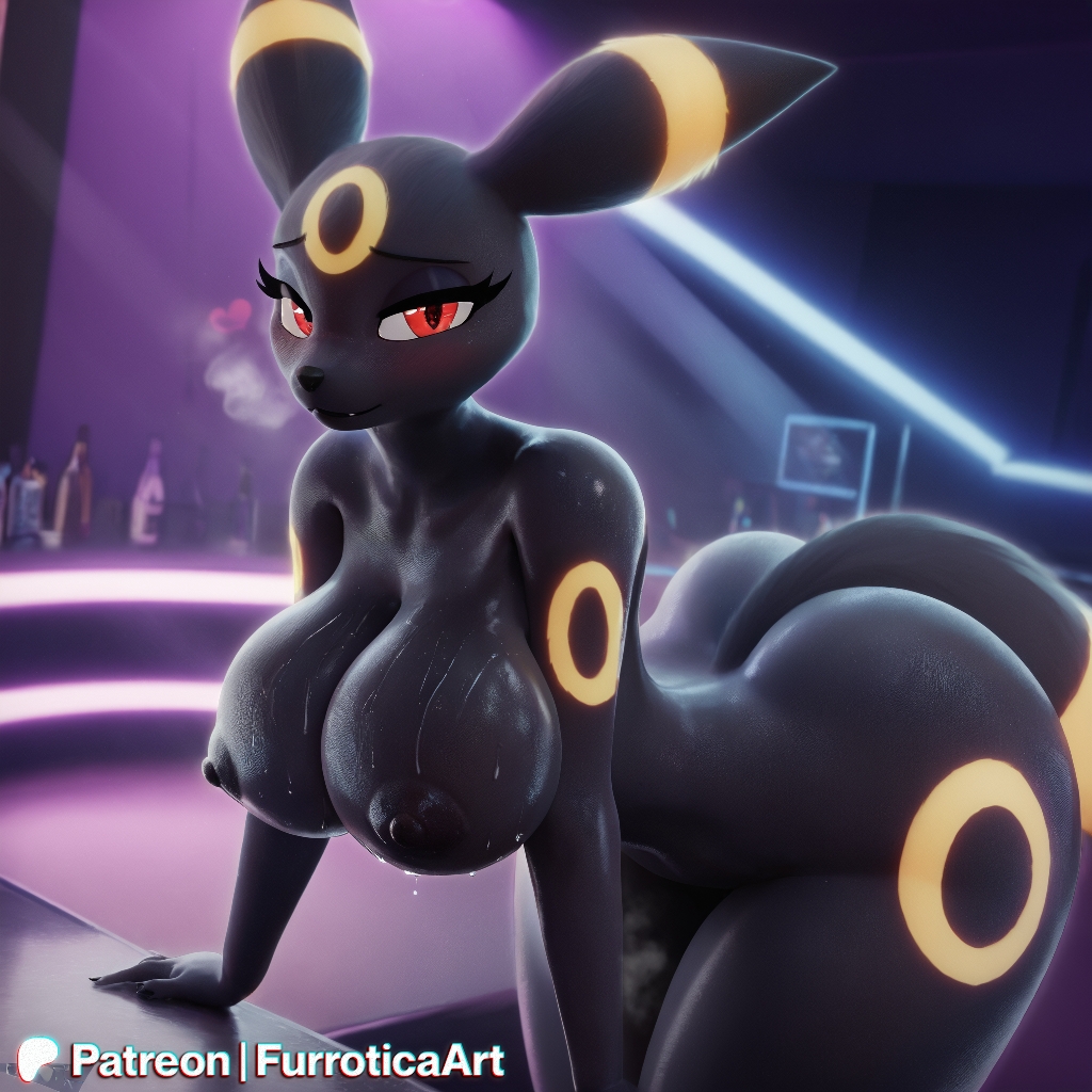3d, ai generated, ass, bedroom eyes, bending over, big ass, big breasts, black fur, blush, breasts, close up, curvy, curvy female, curvy figure, eeveelution, female, furroticaart, glowing, glowing markings, inside, looking at viewer, multicolored tail, neon lights, night club, nipples, oiled skin, pokemon, pokemon (species), red eyes, saggy breasts, shiny skin, sweat, sweatdrop, thick thighs, umbreon, voluptuous, voluptuous female, watermark, wide hips, yellow markings