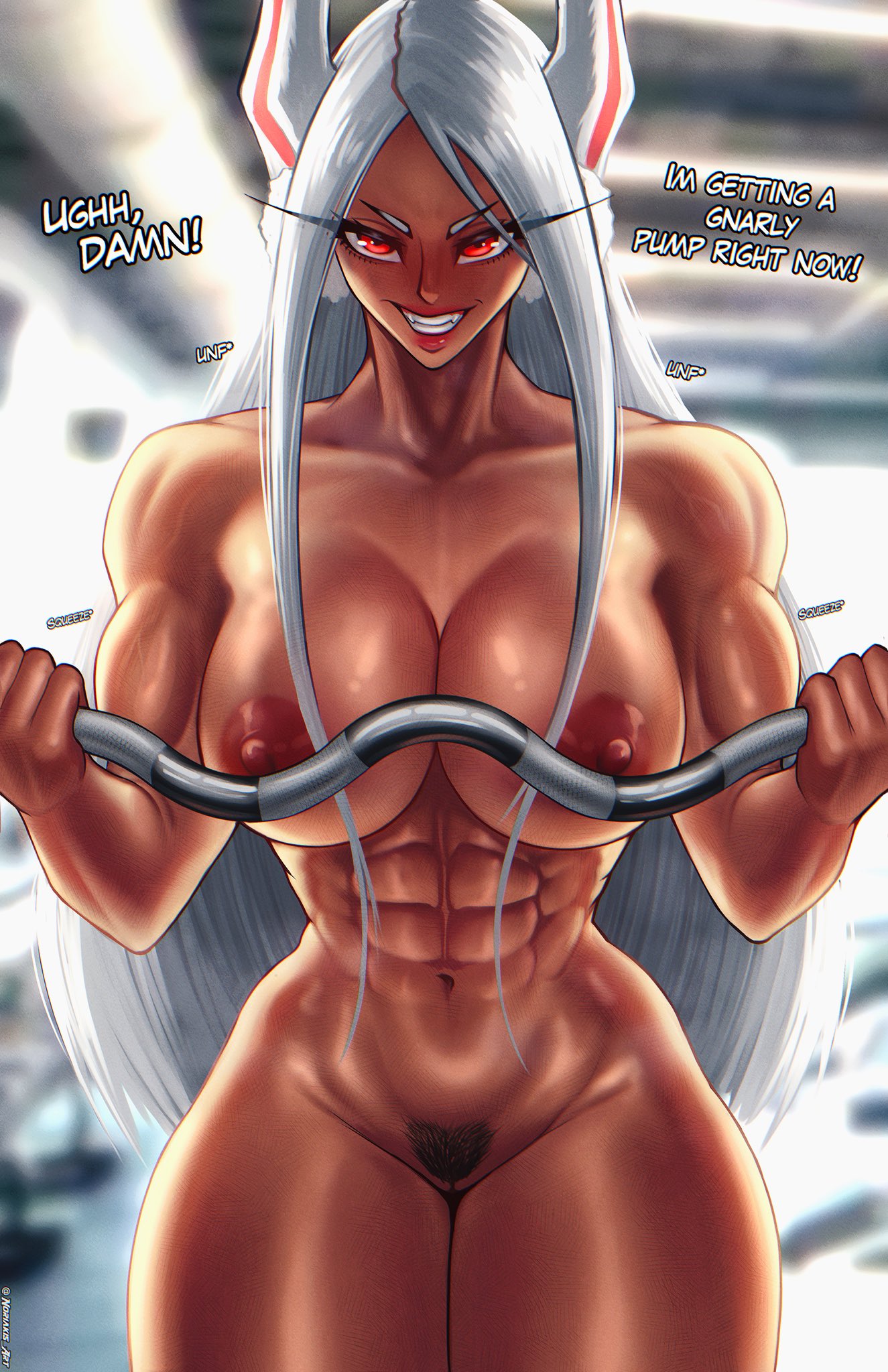 1girls, abs, big breasts, breasts, dark skin, dark-skinned female, dialogue, female, female only, miruko, muscular, muscular female, my hero academia, nipples, noriakis art, pubic hair, pussy, red eyes, solo, text, weightlifting, weights, white hair
