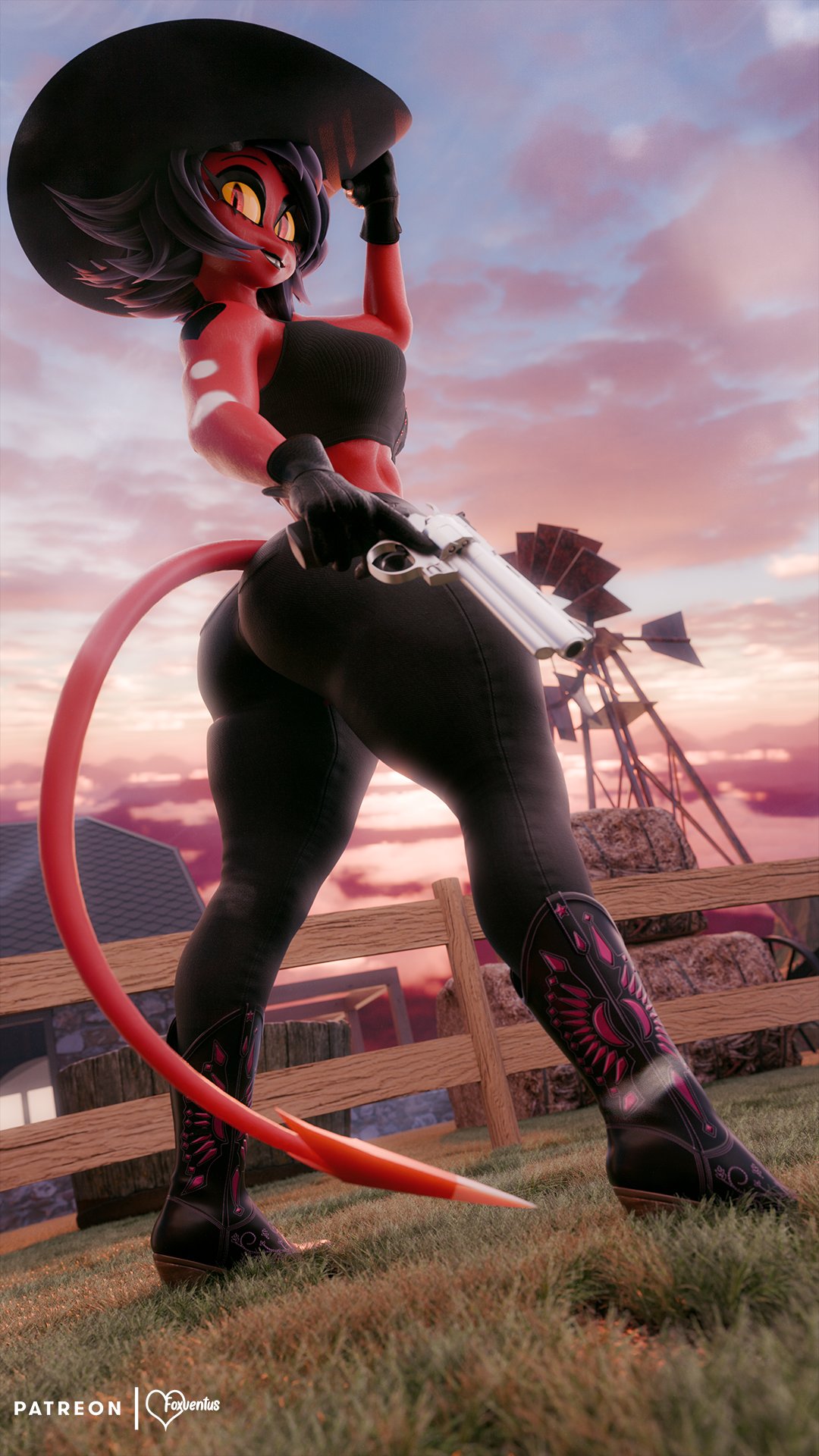 1girls 2025 2025s 2_eyes 3d 3d_(artwork) 3d_model 3d_render anthro anthro_female anthro_girl anthro_only art artist_name ass black_boots black_clothes black_clothing black_gloves black_hair black_hair_female black_hat black_pants black_shirt boots bysamzan clothed clothing cloud clouds cowgirl cowgirl_boots cowgirl_hat cowgirl_outfit demon demon_girl demon_tail demongirl detailed_background digital_art digital_media digital_media_(artwork) eye eyes female female_anthro female_humanoid fences foxventus girl gloves grass green_grass gun hat heart heart_symbol helluva_boss humanoid humanoid_anthro humanoid_female humanoid_only jpeg long_pants millie_(helluva_boss) pants red_body red_eye red_eyes red_eyes_female red_skin red_skinned_female red_tail render revolver shirt short_hair short_hair_female short_shirt sky solo solo_female solo_girl solo_woman sweat sweaty sweaty_body tagme teeth text weapon white_text woman_only