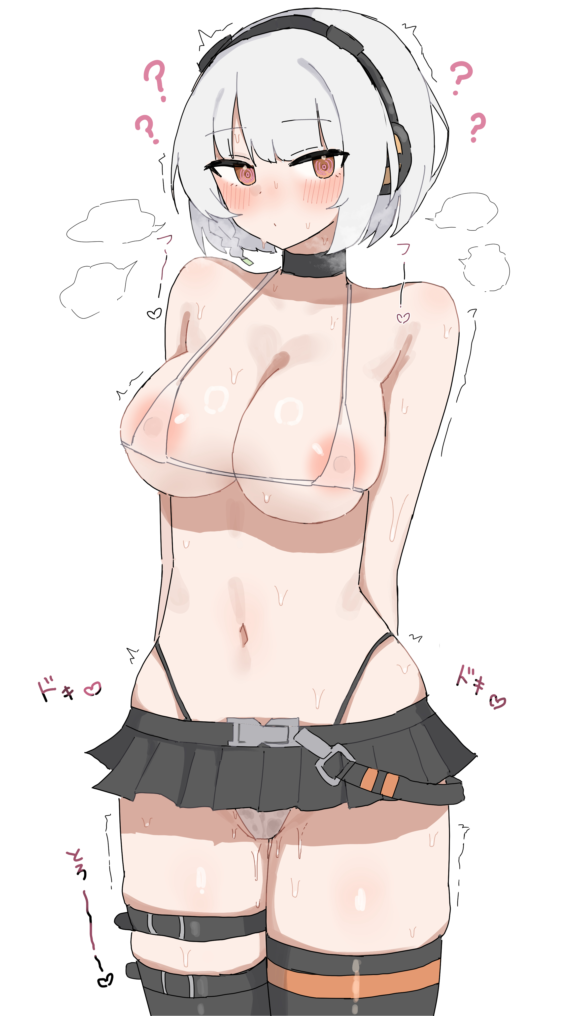 ?, 1girls, almost naked, almost nude, anby demara, areola slip, areolae, areolae slip, arm behind back, arms behind back, belly, belly button, big breasts, bikini, bikini bottom, bikini top, blush, blush face, blush lines, blushing at viewer, blushing female, breasts, brown eyes, brown-eyed female, busty, busty female, choker, collarbone, embarrassed, embarrassed expression, embarrassed female, female, female focus, female only, futon infinity, groin, hairband, hand behind back, hands behind back, high resolution, highres, huge breasts, large breasts, lean figure, legs closed, legs together, legwear, looking at viewer, micro bikini, midriff, mostly nude, naked, naked female, naked woman, narrow waist, navel, nearly nude, nechigae otaku, nipples, nude, nude female, nudity, plump breasts, practically nude, pussy, short hair, shoulders, simple background, skirt, slender body, slender waist, slim waist, solo, standing, stockings, string bikini, sweat, sweatdrop, sweating, sweaty, sweaty body, sweaty breasts, sweaty legs, sweaty thighs, swimsuit, swimwear, thick thighs, thigh highs, thighhighs, thighs, upper body, white background, white eyebrows, white hair, white-haired female, zenless zone zero