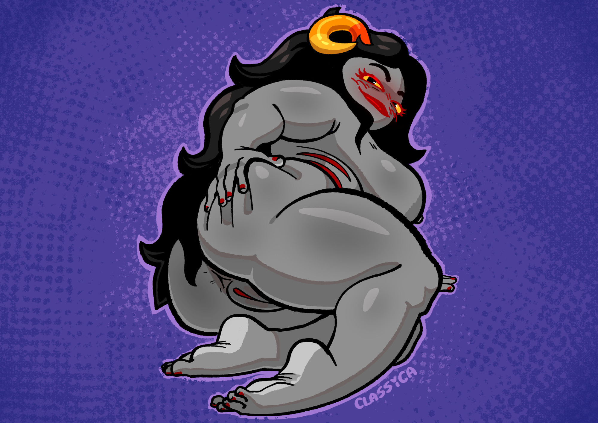 anus, aradia megido, ass, barefoot, breasts, chubby, classica p, female, female only, homestuck, homestuck troll, horns, large ass, large breasts, long hair, looking at viewer, naked, naked female, nipples, nude, nude female, presenting, presenting hindquarters, pussy, sideboob, smiling, smiling at viewer