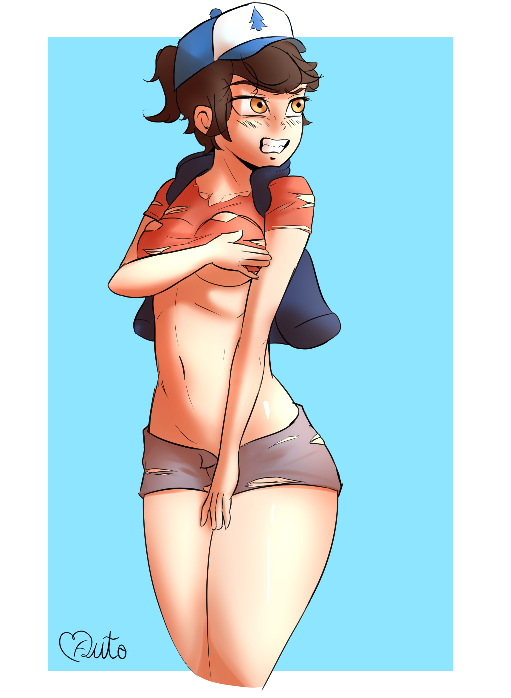 1girls, aged up, alternate hairstyle, angry expression, autonomous, belly, belly button, big breasts, blush, breasts, brown eyes, brown hair, covering, covering breasts, covering crotch, dipper pines, disney, disney channel, embarrassed, exposed midriff, exposed torso, female, female dipper, feminization, frustrated, genderswap, genderswap (mtf), girly, gravity falls, hat, hiding, hiding breasts, looking away, ponytail, ripped clothing, ripped pants, ripped shirt, rule 63, short shorts, shorts, shy, thick thighs, undersized clothes, wide hips