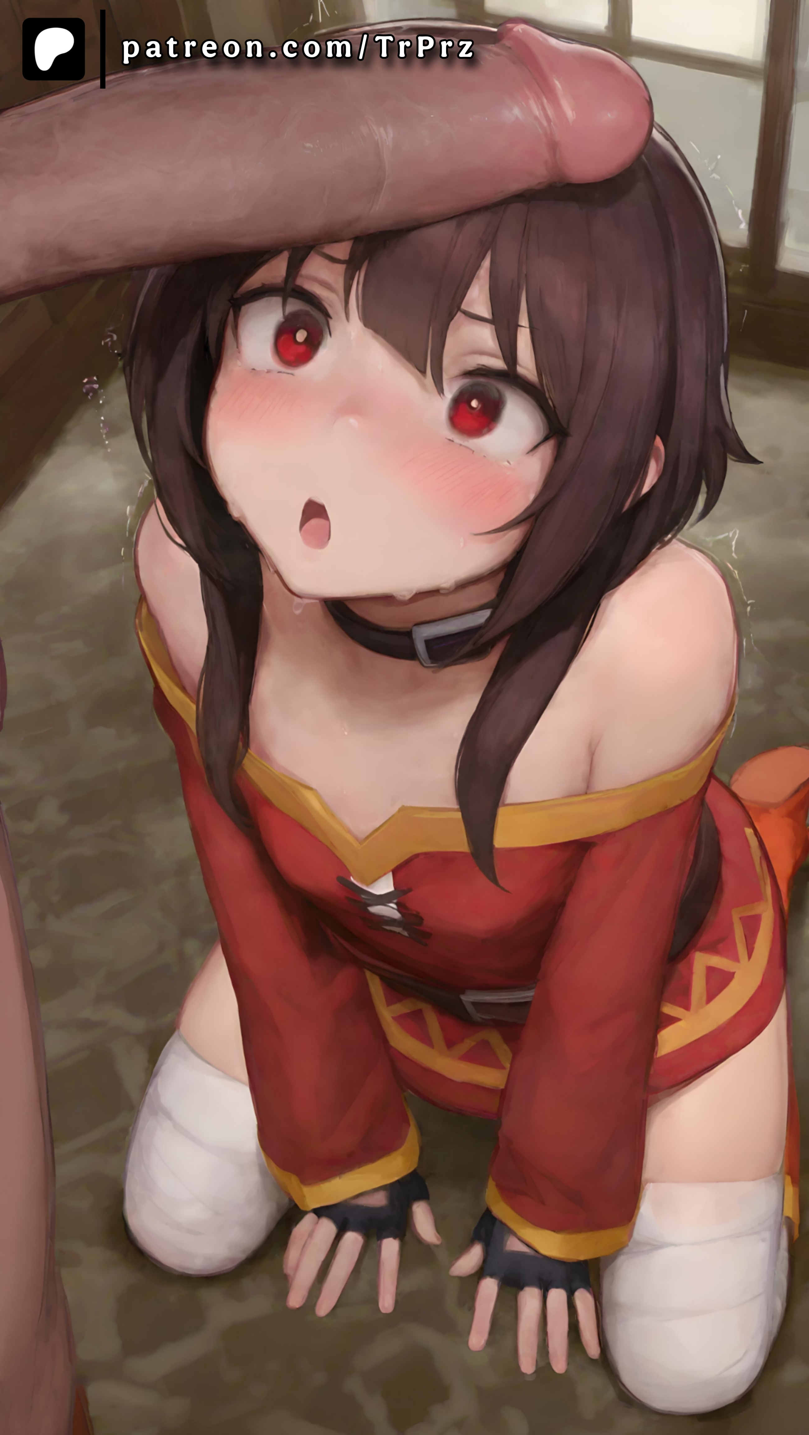 ai generated, big penis, blush, breasts, brown hair, clothed female nude male, female, female focus, from above, kneeling, kono subarashii sekai ni shukufuku wo!, long sleeves, male, megumin, off shoulder, penis, penis awe, penis on head, small breasts, surprised, thighhighs, trembling, trugprz