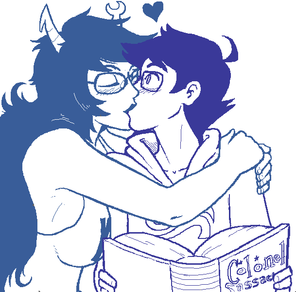 blush, book, closed eyes, cute, fully clothed, glasses, heart, homestuck, hug, john egbert, kissing, mindwipe, planetofjunk, tagme, vriska serket