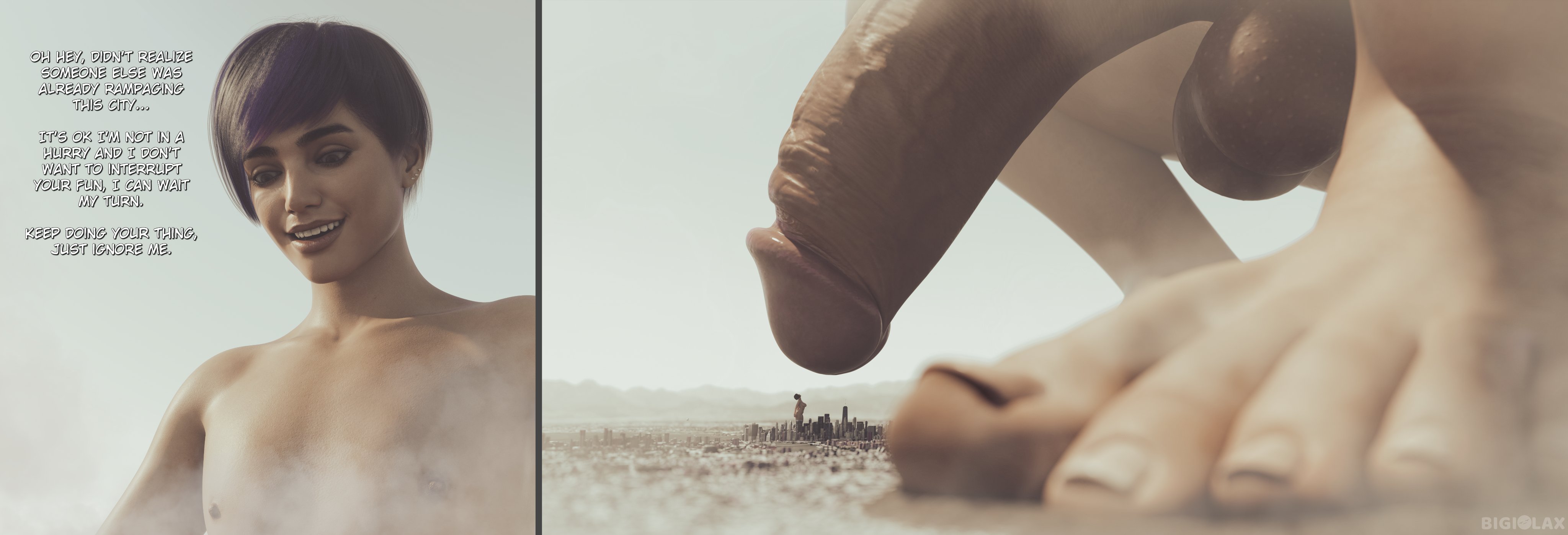 3d, 3d (artwork), big cock, big dick, big penis, bigger male, bigiolax, city, cityscape, cock, colored hair, comic strip, dominant male, extreme size difference, feet, female, femboy, foot fetish, giant, giant femboy, giant male, giga giant, macro, male, micro female, naked, naked male, penis, smaller female, teasing, toes