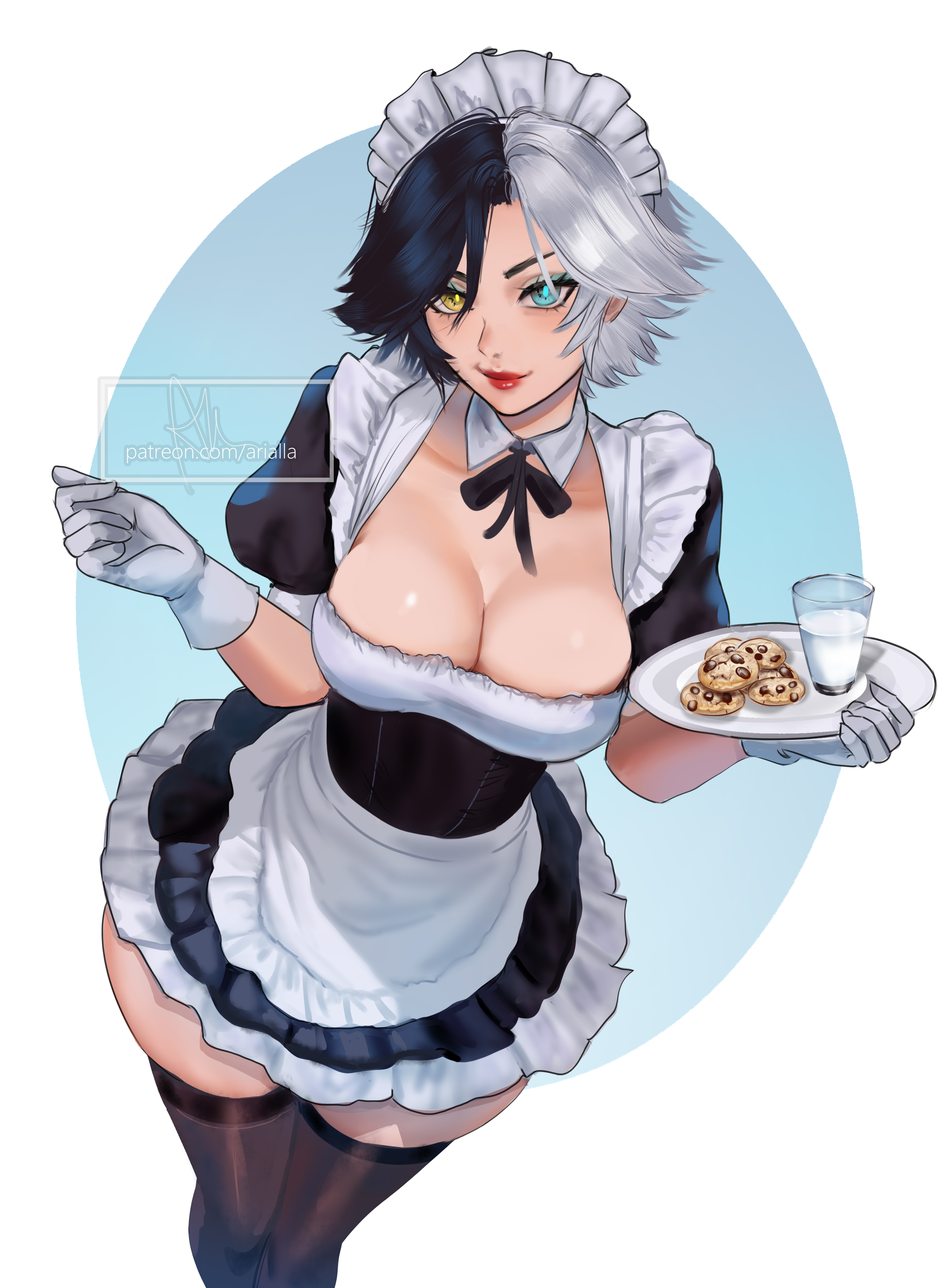 1girls, 2d, arialla draws, breasts, cleavage, clothed, eyeshadow, female, female focus, female only, fully clothed, heterochromia, large breasts, light skin, light-skinned female, lipstick, looking at viewer, luna snow, luna snow (marvel rivals), maid, maid headdress, maid uniform, makeup, marvel, marvel comics, marvel rivals, mascara, solo, thighhighs, thighs, uniform