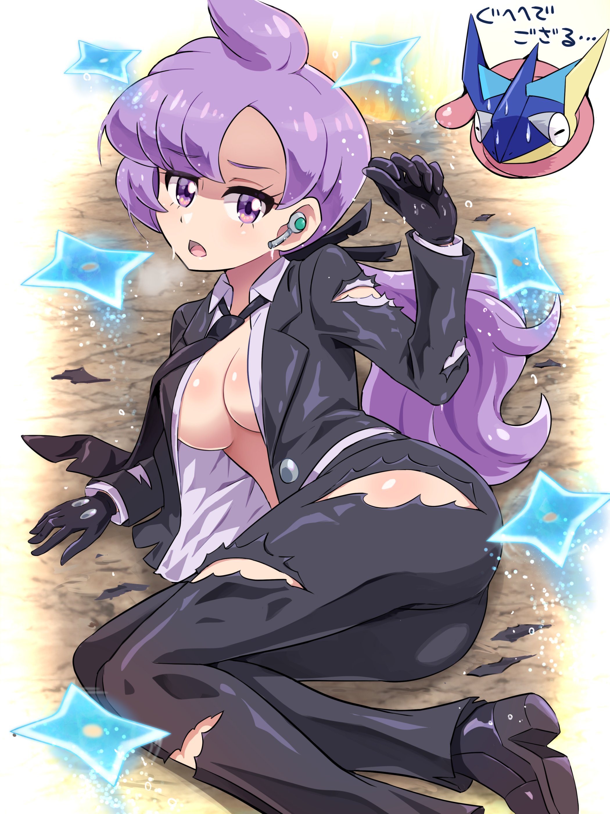 1girls, anabel (pokemon sm), anabel (pokemon), ass, big breasts, black gloves, black jacket, breasts, earpiece, female, gekkouga, gloves, greninja, jacket, lila (pokemon sm), lila (pokemon), long hair, necktie, no bra, open clothes, open jacket, pants, parted lips, pokemoa, pokemon, pokemon move, purple eyes, purple hair, shiny skin, shuriken, thighs, tomboy, torn clothes, wet hair, wet skin
