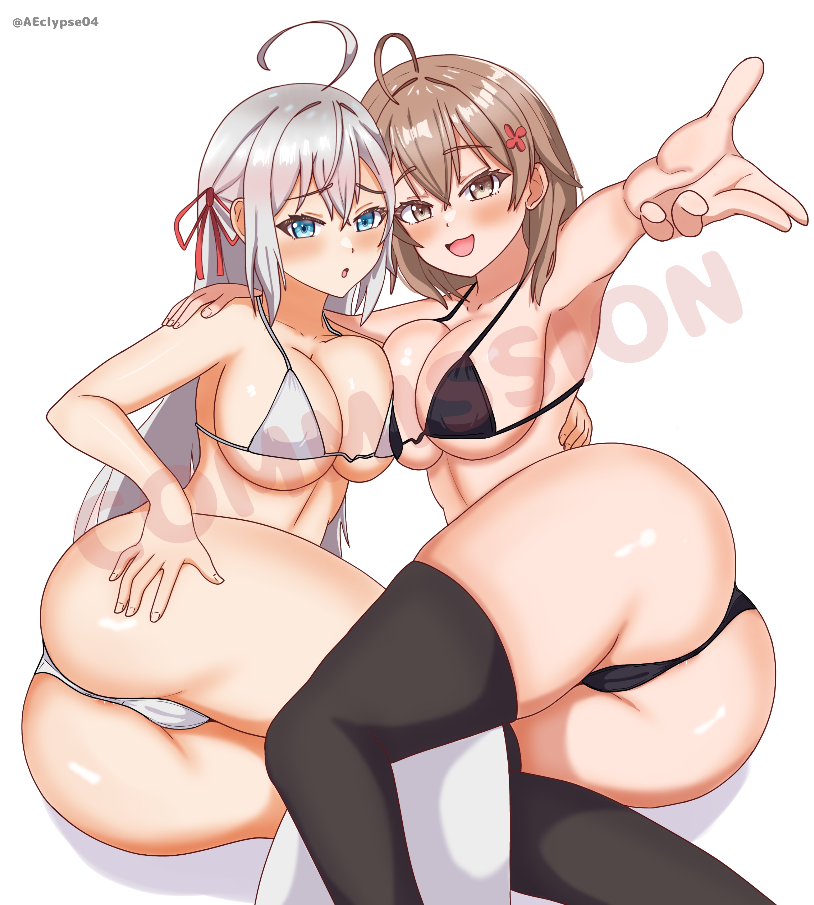 2girls, ahoge, alisa mikhailovna kujou, antenna hair, armpit peek, armpits, ass, ass cleavage, ass crack, back, bare ass, bare butt, bare chest, bewitching thighs, bikini, bikini bottom, bikini top, blood related, blue eyes, blue-eyed female, blush, blush face, blushing at viewer, blushing female, breast press, breast press on chest, breast squeeze, breasts, breasts press, breasts pressed against another, breasts pressed against partner, breasts pressed together, brown eyes, brown-eyed female, bubble ass, bubble butt, bust cup, busty, busty female, busty teenager, butt crack, child bearing hips, cleavage, collarbone, curvaceous, curvaceous body, curvaceous female, curvaceous figure, curvaceous hips, curvaceous teenager, curvaceous thighs, curvy, curvy body, curvy female, curvy figure, curvy hips, curvy thighs, eclypse, embarrassed expression, embarrassed female, exposed armpits, exposed ass, exposed butt, exposed chest, eyebrows visible through hair, female, female focus, female only, fingernails, fingers, groin, hair between eyes, hair tie, hairless armpits, halterneck, head tilt, high resolution, high school student, highres, hourglass figure, knees, large breasts, lean figure, leggings, legwear, lips, long hair, looking at viewer, maria mikhailovna kujou, midriff, multiple females, multiple girls, naked breasts, narrow waist, nervous, nervous expression, nervous face, nervous female, older sister, open mouth, open mouth smile, over-kneehighs, parted lips, partially exposed vulva, partially visible vulva, pressing breasts, pressing breasts together, pushing breasts together, pushing breasts up, pussy, school girls, schoolgirl, shame, shaved armpits, shoulders, shy, siblings, sideboob, silver hair, silver-haired female, simple background, sister, sisters, slender body, slender waist, slim waist, smooth armpits, squeezing breast, squeezing breasts, squeezing breasts together, stockings, string bikini, swimsuit, swimwear, teenage female, teenager, thick thighs, thigh highs, thighhighs, thighs, tilted head, tokidoki bosotto russian de dereru tonari no alya-san, tongue, upper body, white background, wide hips, young female, young woman, younger sister