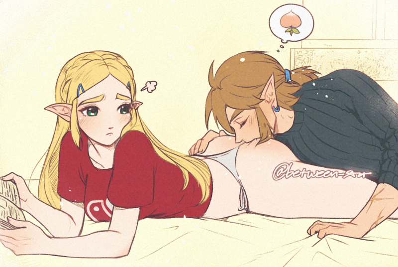1boy, 1girls, ass, ass kiss, ass worship, bed, between star, blonde hair, book, breath of the wild, eating ass, female, green eyes, kissing, kissing ass, link, long hair, male, nintendo, panties, pointy ears, princess zelda, shirt, the legend of zelda, underwear, zelda (breath of the wild)