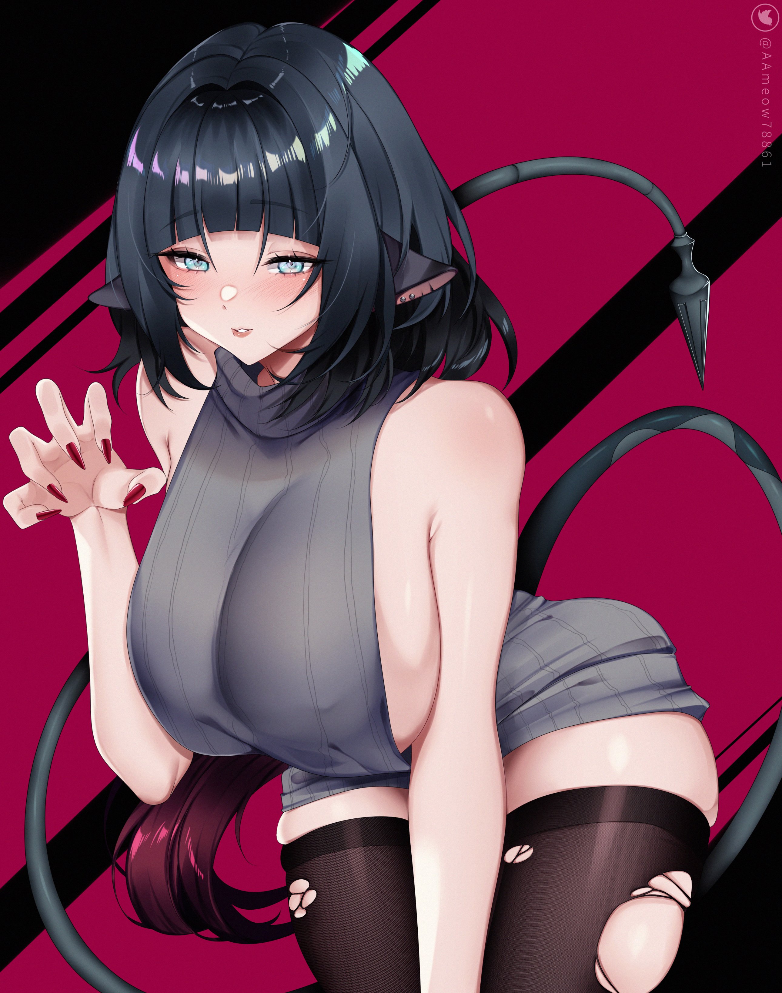 1girls, 2024, asmodea (artist), bent over, big breasts, black hair, blue eyes, blush, breasts, ear piercing, female, female only, jane doe (zenless zone zero), long hair, looking at viewer, medium hair, mihoyo, mouse ears, mouse girl, red nail polish, sideboob, sleeveless turtleneck, solo, stockings, tail, thick thighs, thigh squish, torn stockings, turtleneck, turtleneck sweater, very high resolution, zenless zone zero
