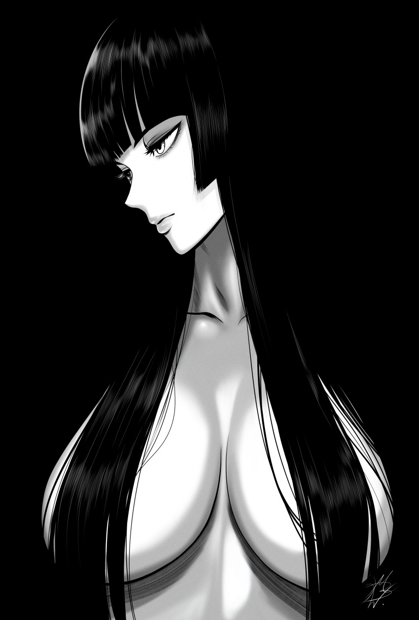 1girls, absurdres, black background, blunt bangs, breasts, commentary, english commentary, eyelashes, female, greyscale, highres, hime cut, jabami yumeko, kakegurui, large breasts, monochrome, mostlybluewyatt, original, parted lips, signature, solo