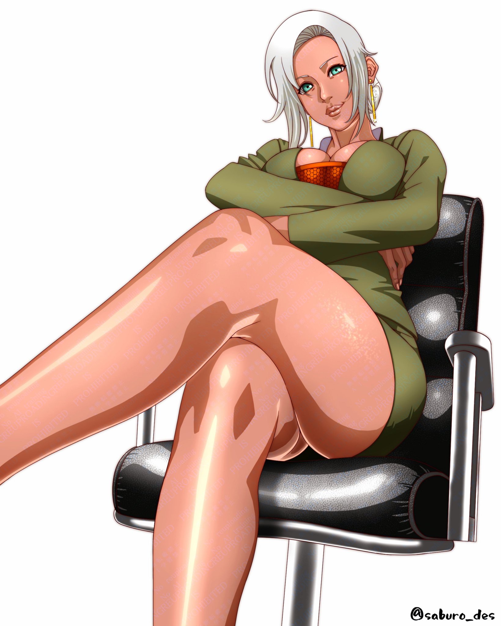 1girls, 2025, 2d, 2d (artwork), artist name, ass, assistant, bare chest, bare legs, big ass, big breasts, breasts, chair, cleavage, clothed, clothed female, commentary, crossed arms, crossed legs, curvaceous, dark skin, dark-skinned female, dress, earrings, feet out of frame, female, female only, hair bun, happy birthday, huge ass, human, human only, jewelry, kunoichi, legs, long legs, looking at viewer, mabui, mature, mature female, naruto, naruto (series), naruto shippuden, naughty, naughty face, naughty smile, no bra, no bra under clothes, no panties, no panties under dress, office chair, office lady, patreon username, plain background, questionable, saburo des, secretary, seducing, shiny skin, simple background, sitting, sitting on chair, skirt, smile, smooth skin, solo, solo female, teal eyes, teasing, text, thick thighs, thighs, tied hair, url, voluptuous, watermark, web address, white background, white hair