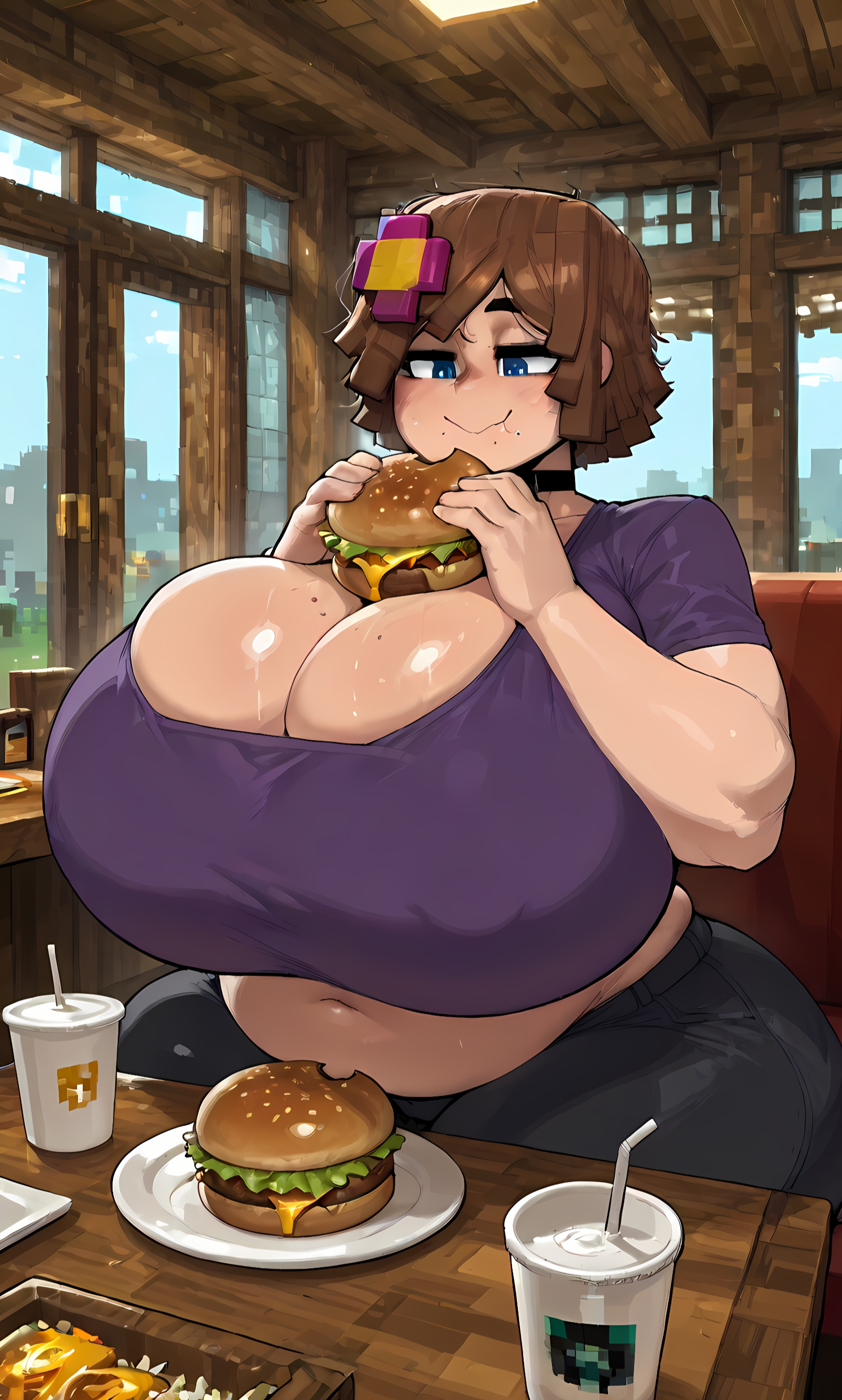 ai generated, ass, big ass, big belly, black jeans, blue eyes, breasts, brown hair, burger, choker, chubby, eating, female, huge ass, huge breasts, jenny belle (slipperyt), lalass, looking down, minecraft, purple shirt, smile