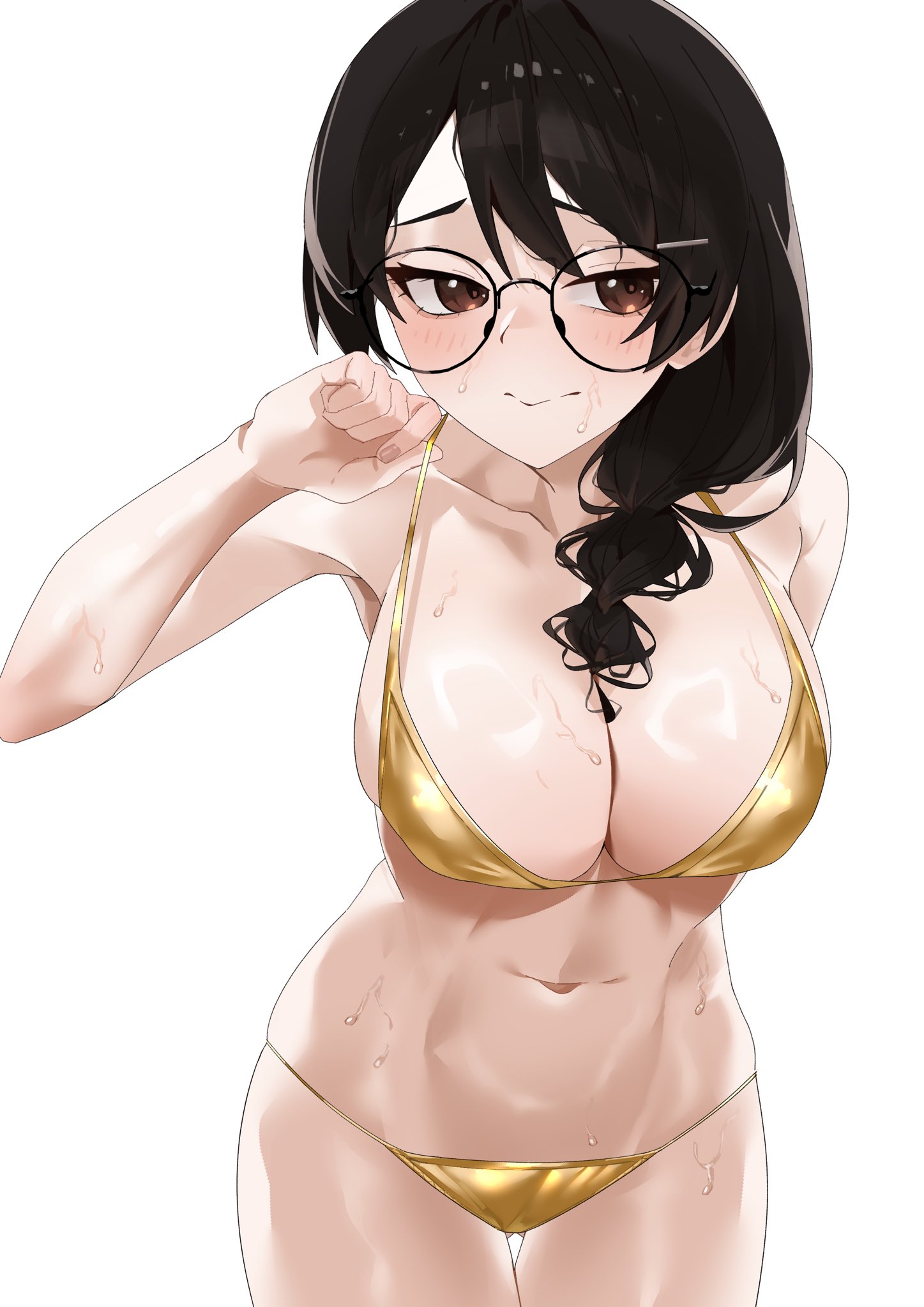 aegyo sal, arm behind back, arril100, bikini, black hair, blush, braid, breasts, brown eyes, closed mouth, commentary, cowboy shot, english commentary, female, glasses, gold bikini, hanekawa tsubasa, highres, large breasts, long hair, monogatari (series), navel, simple background, solo, stomach, sweat, swimsuit, thighs, white background