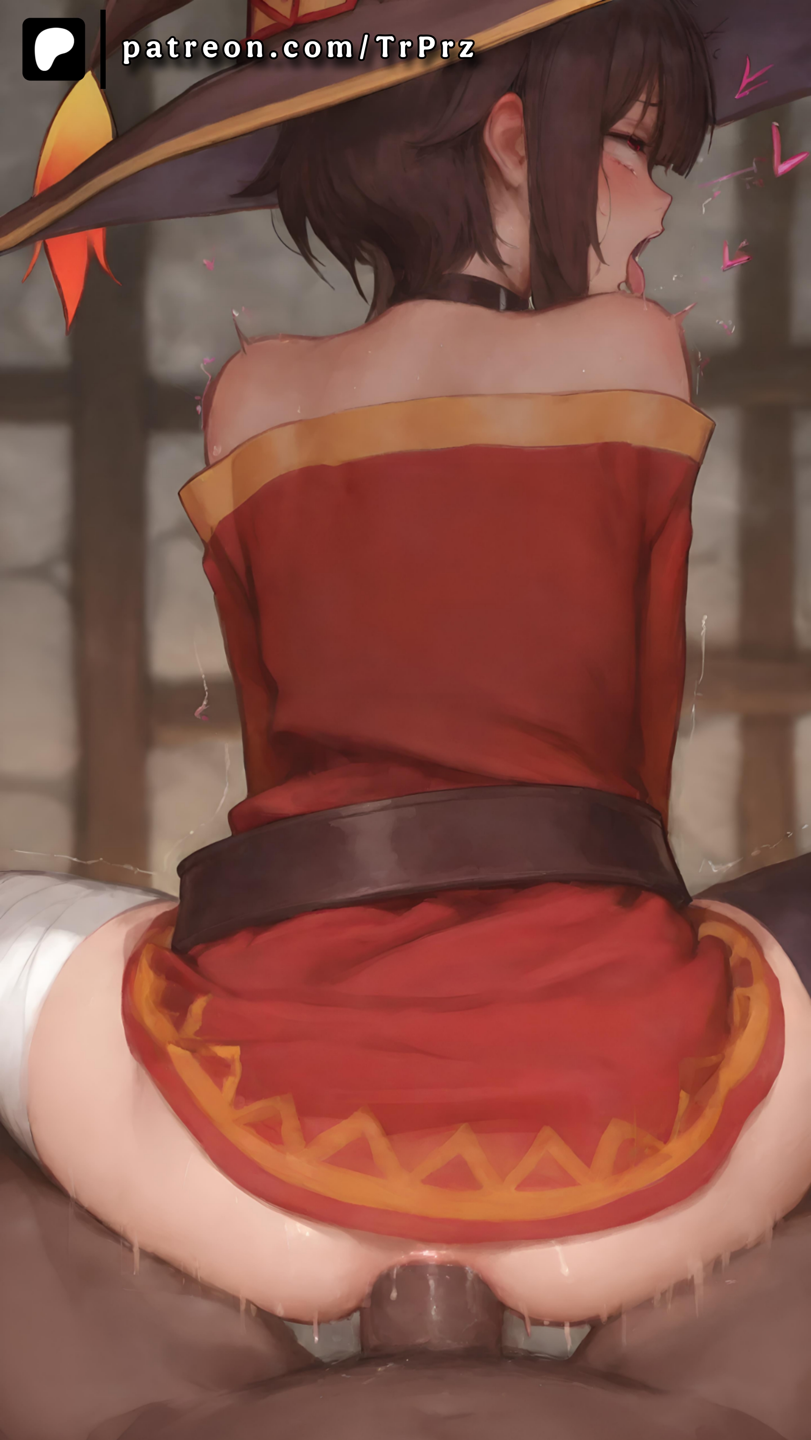 ai generated, anal, anal sex, ass, bottomless, brown hair, clothed female nude male, cowgirl position, deep penetration, female, hat, heart, kono subarashii sekai ni shukufuku wo!, long sleeves, male, megumin, moaning, off shoulder, penis, pov, reverse cowgirl position, rolling eyes, spread legs, thighhighs, trembling, trugprz