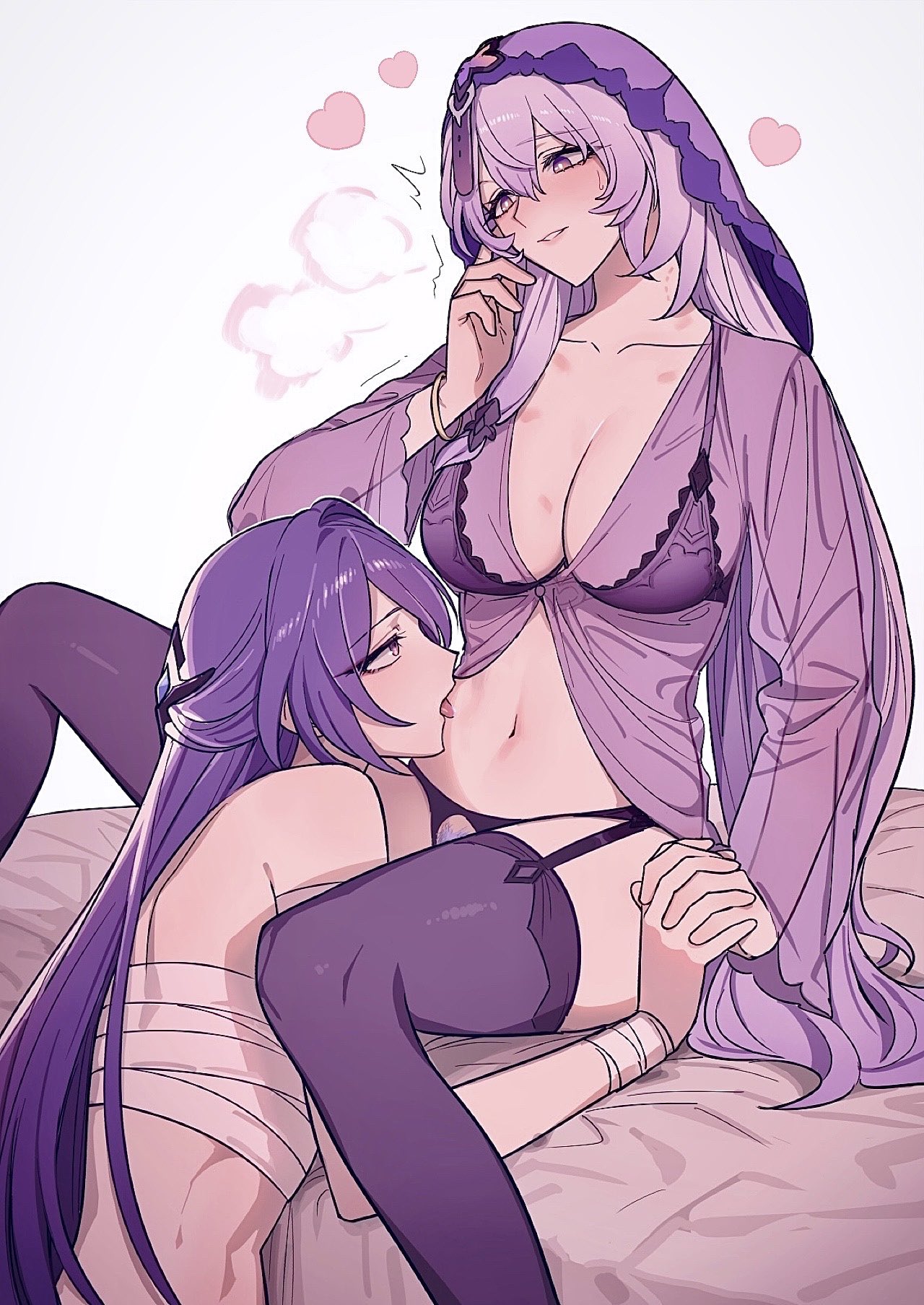 2girls, acheron (honkai: star rail), black swan (honkai: star rail), bra, breasts, chest sarashi, crotchless, crotchless panties, female, female pubic hair, female torso, garter straps, hickey, highres, holding hands, honkai (series), honkai: star rail, ikarin, large breasts, licking, licking belly, licking stomach, nightgown, panties, pubic hair, pubic hair peek, purple veil, sarashi, thighhighs, underwear, veil, wrist wrap, yuri