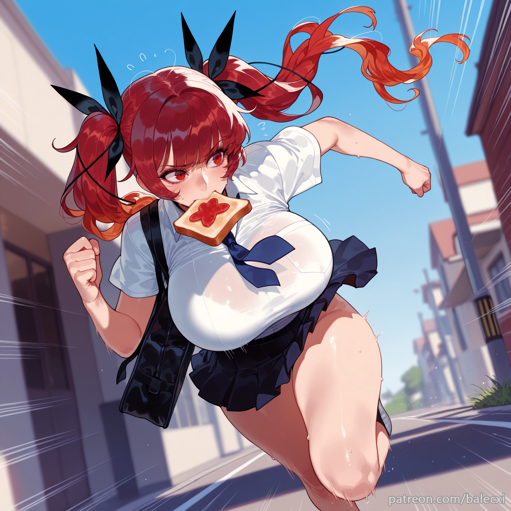 ai generated, azur lane, bag, balecxi, black ribbon, blush, bra visible through clothes, bread, bread slice, breasts, female, food, food in mouth, hair ribbon, honolulu (azur lane), long hair, mouth hold, necktie, outdoors, pleated skirt, red eyes, red hair, running, school bag, school uniform, short sleeves, solo, thighs, toast, toast in mouth, twintails, underwear, white shirt