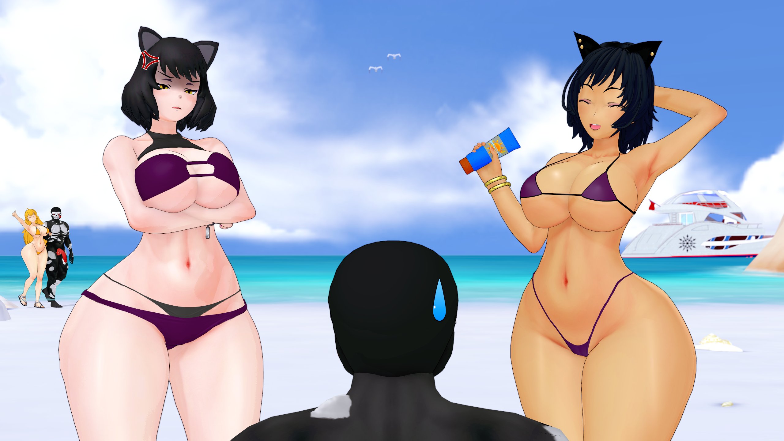 2boys, 3d, 3girls, ass, background, beach, bikini, bikini bottom, bikini top, black hair, black-haired female, blake belladonna, blonde female, blonde hair, breasts, cat ears, faunus, female, flaccid, flaccid penis, grimm (rwby), kali belladonna, male, milf, monster, monster boy, monster cock, morepolygons11, mother and daughter, nude, nude male, ocean, penis, rwby, ship, suncream, sweatdrop, yang xiao long