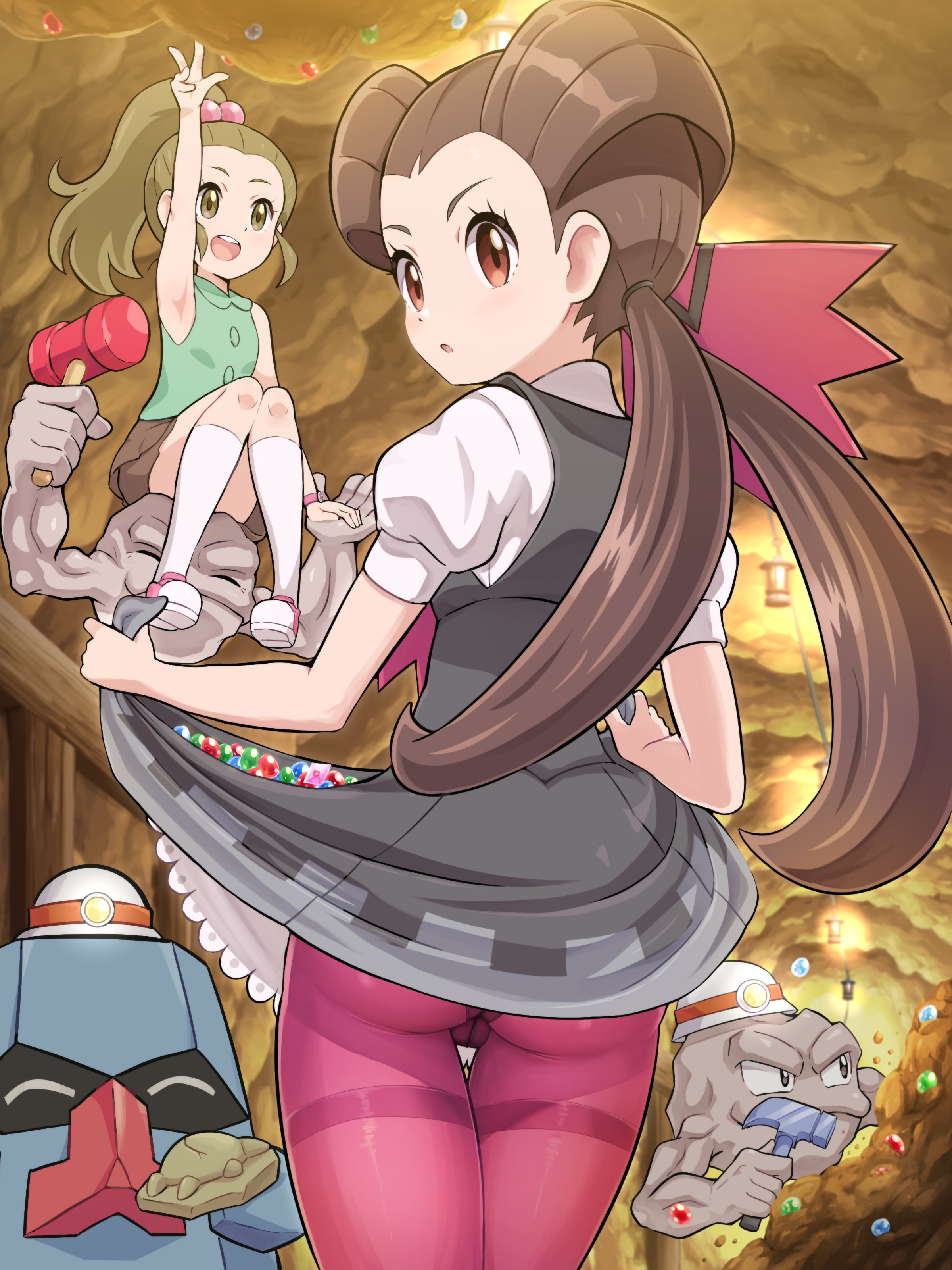 ass, back view, bare arms, brown eyes, brown hair, cameltoe, cave, dress, female, geodude, grey dress, gym leader, long hair, nosepass, npc trainer, panties under pantyhose, pantyhose, parted lips, pokemoa, pokemon, pokemon oras, pokemon rse, purple pantyhose, pussy, roxanne (pokemon oras), roxanne (pokemon), school kid (pokemon), short sleeves, skirt, skirt lift, standing, thighs, twintails, underwear, young