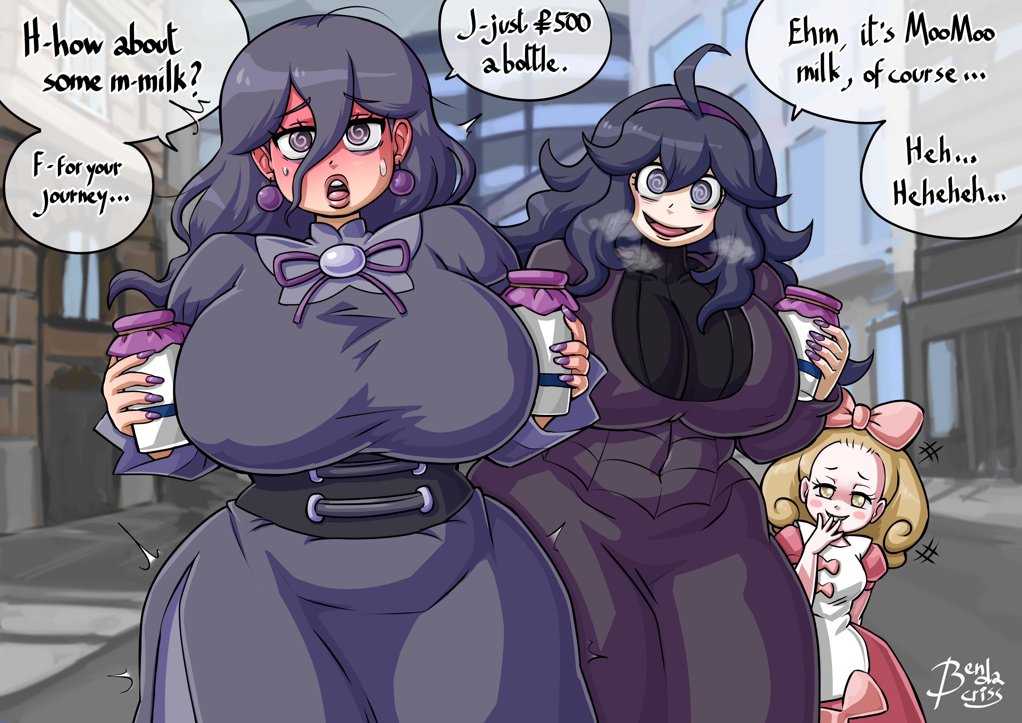 @ @, 3girls, bendacriss, big breasts, blush, breasts, clothed, clothing, dialogue, english text, fairy tale girl (pokemon), female, female only, game freak, hex maniac, hex maniac (pokemon legends: z-a), hex maniac (pokemon xy), huge breasts, human, looking at viewer, milk, mommy milkers, moomoo milk, nail polish, nintendo, npc trainer, open mouth, outdoors, pokemon, pokemon legends: z-a, pokemon xy, purple hair, purple nails, speech bubble, spiral eyes, standing, sweat, text, thick thighs, voluptuous, wide hips