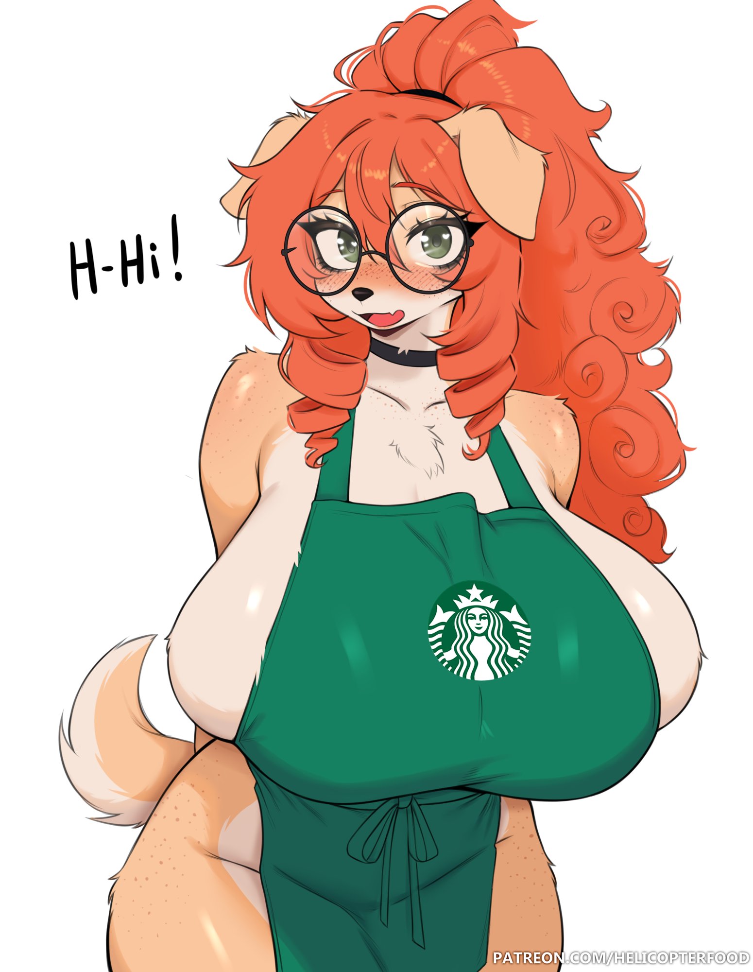 1girls, absurd res, anthro, anthrofied, apron, apron only, barista, big breasts, blush, breasts, breasts bigger than head, brown body, brown fur, brown skin, busty, canid, canine, canis, choker, dialogue, digital media (artwork), domestic dog, english text, eyebrows, eyebrows visible through hair, eyelashes, female, female focus, female only, freckles, fur, furry, glasses, green eyes, heart symbol, hi res, huge breasts, kuru (kuru tyan), kuru tyan, looking at viewer, mammal, motion lines, orange hair, slightly chubby, solo, starbucks, text, thick thighs, twitter link, voluptuous, voluptuous female, wide hips