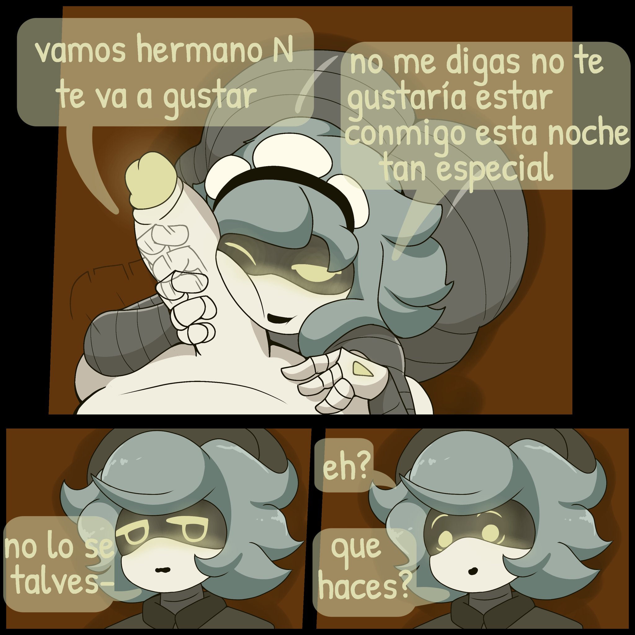 1boy, 1girls, ass, big penis, blush, blushing female, blushing male, comic, comic page, comic panel, cyn (murder drones), dialogue, erect penis, erection, female, glitch productions, handjob, male, male/female, murder drones, n (murder drones), notes translation, nude, nude female, penis, penis on cheek, penis on face, robot, robot boy, robot girl, robot humanoid, silver hair, spanish text, stroking penis, tannicfer, thick ass, yellow eyes