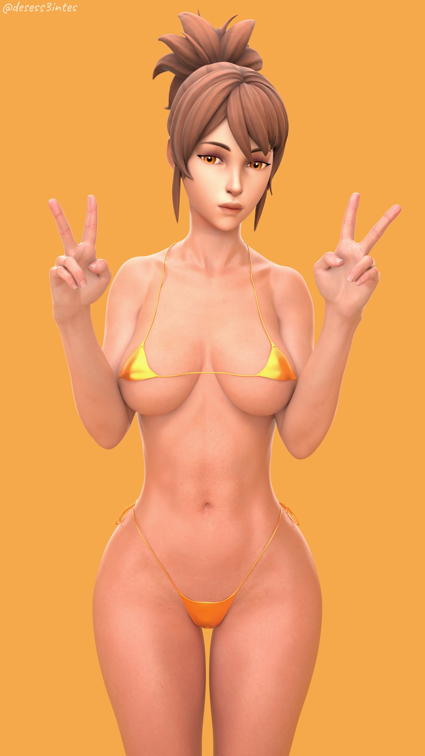 1girls, 3d, 3d (artwork), desess3intes, dota 2, female, golden bikini, marci, marci (dota), micro bikini, peace sign, solo, tagme