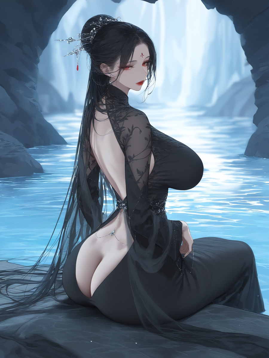 ai generated, ass, ass cleavage, ass crack, back, back cutout, backless dress, backless outfit, black dress, black hair, breasts, butt crack, closed mouth, clothing cutout, dress, earrings, facial mark, female, forehead mark, from behind, hair bun, hair ornament, hair stick, huge breasts, jewelry, large breasts, long dress, long hair, long sleeves, looking at viewer, looking back, makeup, mur ai nsfw, red eyes, red lips, single hair bun, sitting, solo, very long hair, water, waterfall
