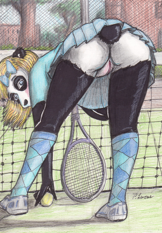 ass bent_over blonde_hair female furry hair hair_ribbon looking_at_viewer mammal mooning panda paul_lucas presenting pussy socks solo sports tail tennis upskirt