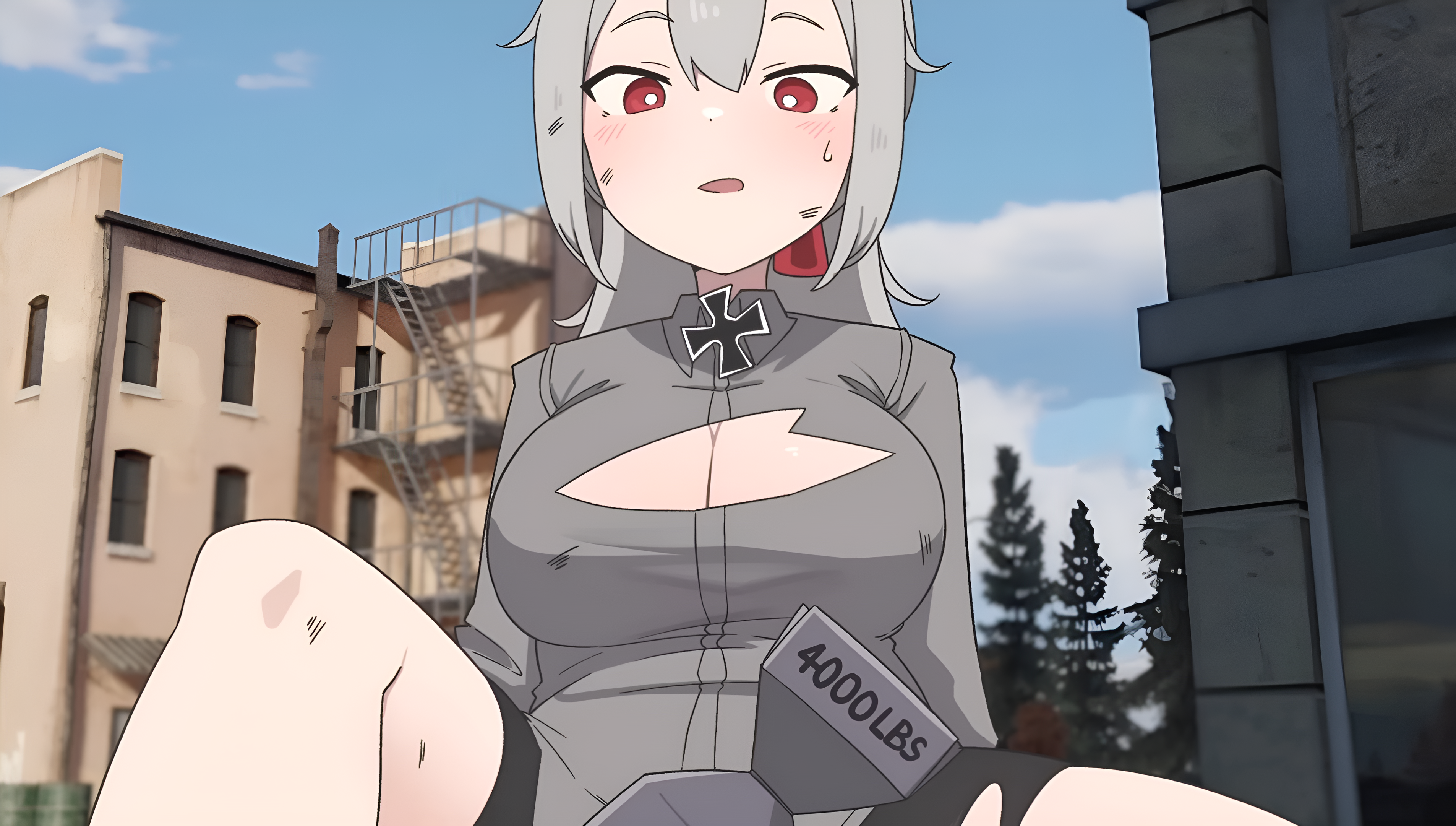 big breasts, bomb, breasts, clothing cutout, daebom, damaged clothes, female, grey hair, large breasts, looking at object, looking down, maus, maus (daebom), red eyes, shorts, tank, war thunder