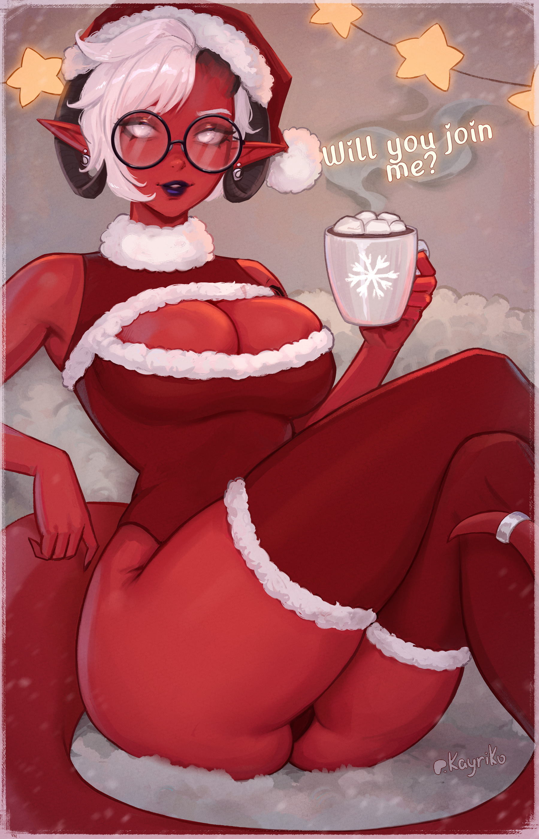 1girls, 2024, black lipstick, christmas, christmas outfit, cleavage cutout, crossed legs, dialogue, earrings, english text, female, female only, glasses, hi res, horns, hot chocolate, kayav, kayriko, looking at viewer, melissa belladonna, pointy ears, red skin, red thighhighs, round glasses, short hair, sitting, solo, tail, text, thick thighs, thighhighs, tiefling, tieflingmelissa (vtuber), very high resolution, virtual youtuber, white eyes, white hair