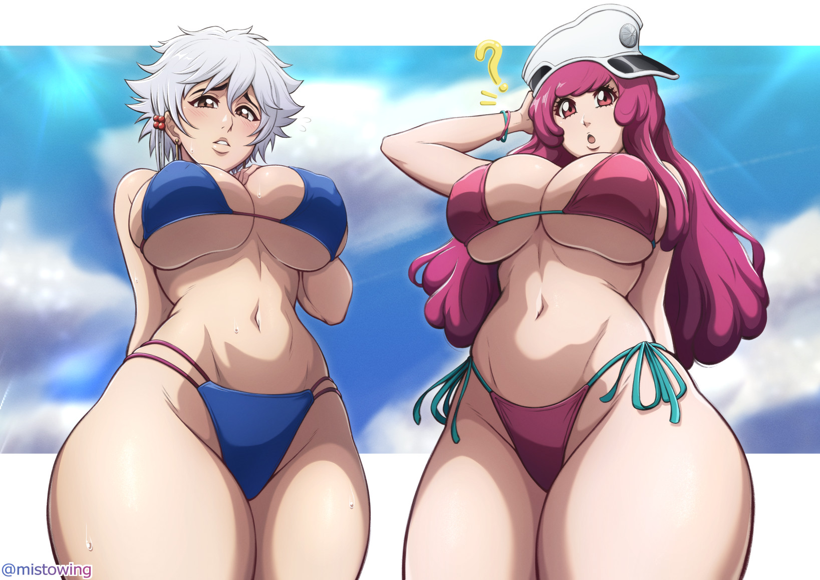 2girls, bikini, bleach, blue bikini, blushing, breasts, brown eyes, fat breasts, female, female only, flat belly, hat, kotetsu isane, large breasts, meninas mcallon, mistowing, pov, taller female