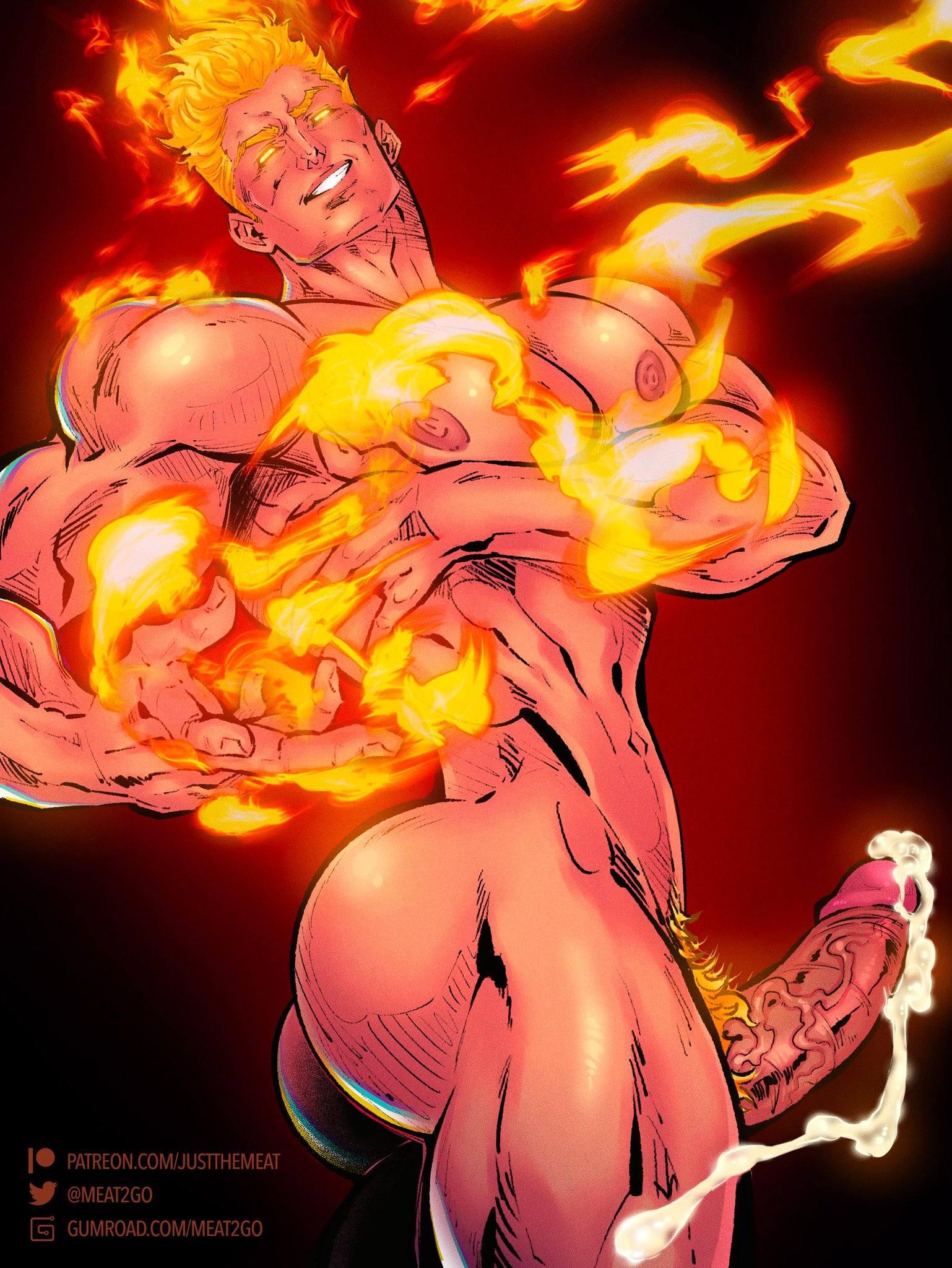 1boy, ass, bara, big ass, big butt, big pecs, completely nude, cum, cumming, erect penis, erection, fantastic four, fire, gay, gay male, human torch, human torch (marvel rivals), johnny storm, justthemeat/meat2go, male, male focus, male only, marvel, marvel comics, marvel rivals, muscular, muscular male, nipples, nude, nude male, pecs, penis, pubes, pubic hair, solo, solo focus, solo male, veiny penis, yaoi