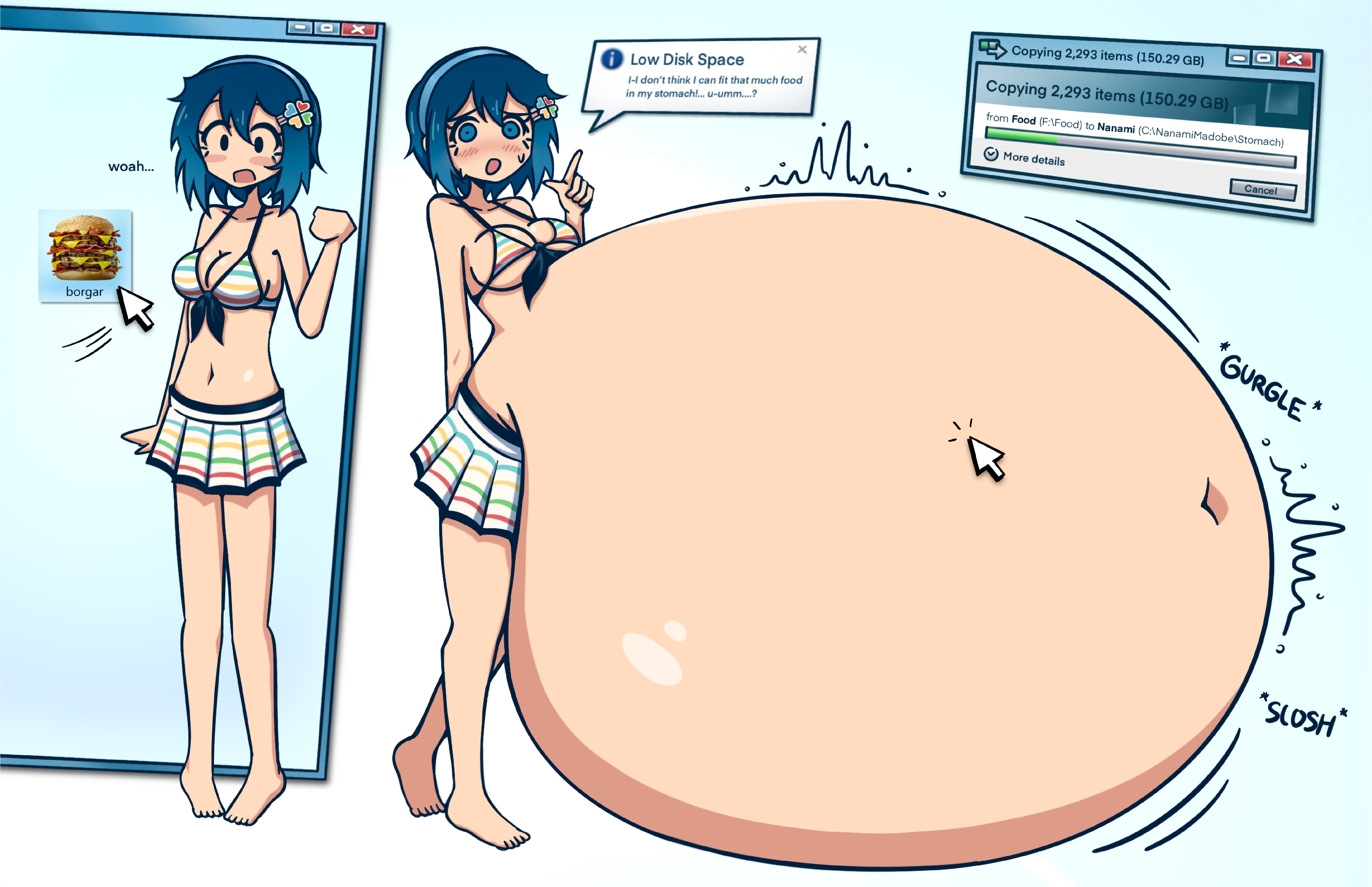 ayumubelly, belly, big belly, burger, clicking, cursor, digestion, digestion noises, female, female only, hyper belly, innie belly button, light skin, light-skinned female, madobe nanami, microsoft, nanami madobe, onomatopoeia, os-tan, rumbling stomach, sloshing belly, solo, solo female, source deleted, stuffing, windows 7