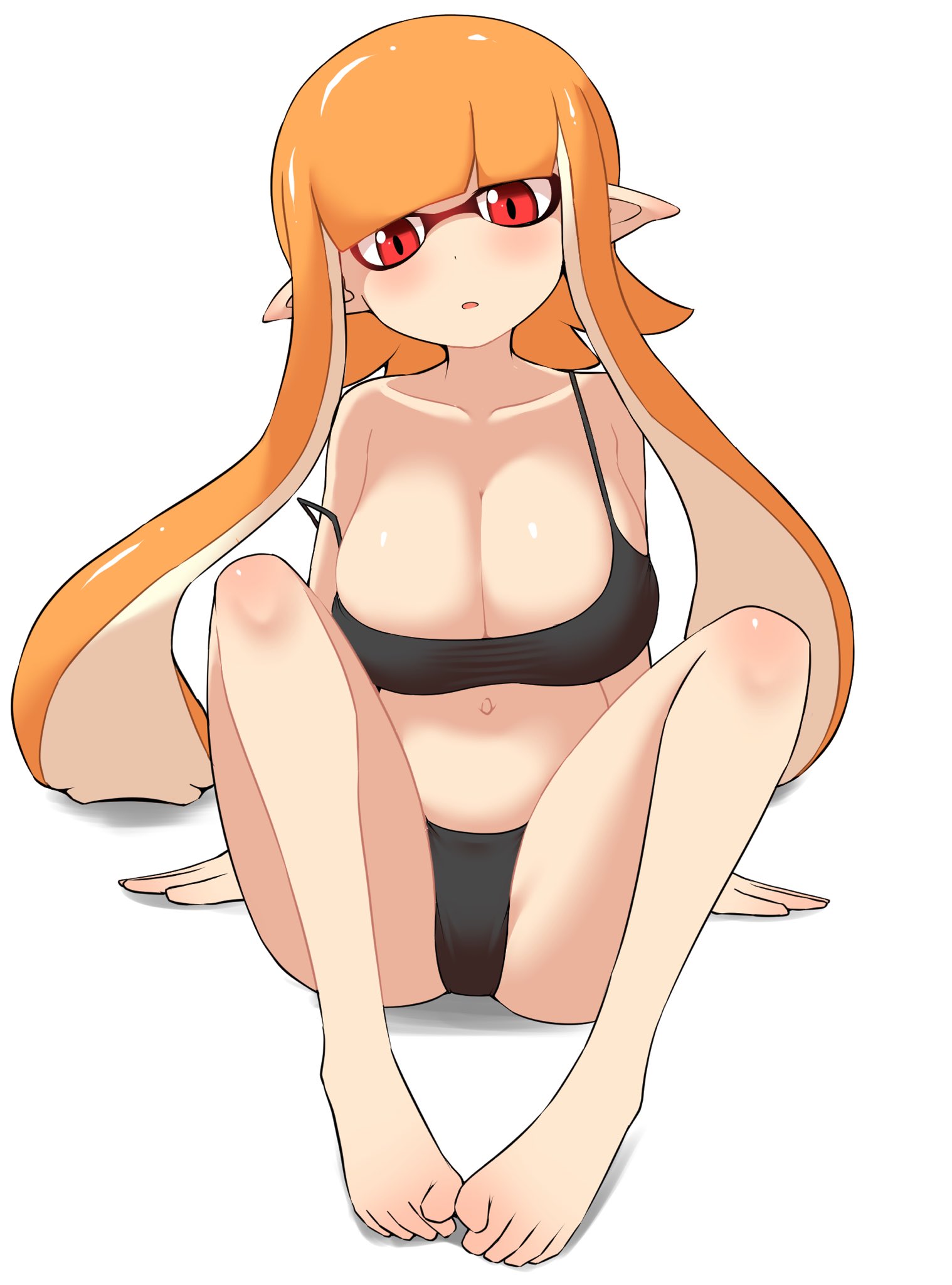 1girls, big breasts, black bra, black panties, breasts, female, inkling, inkling girl, kaori (splatoon), legs spread, looking at viewer, nintendo, nobunagapero, orange hair, peronattu, red eyes, simple background, sitting, splatoon, splatoon (series), strap slip, tentacle hair, white background