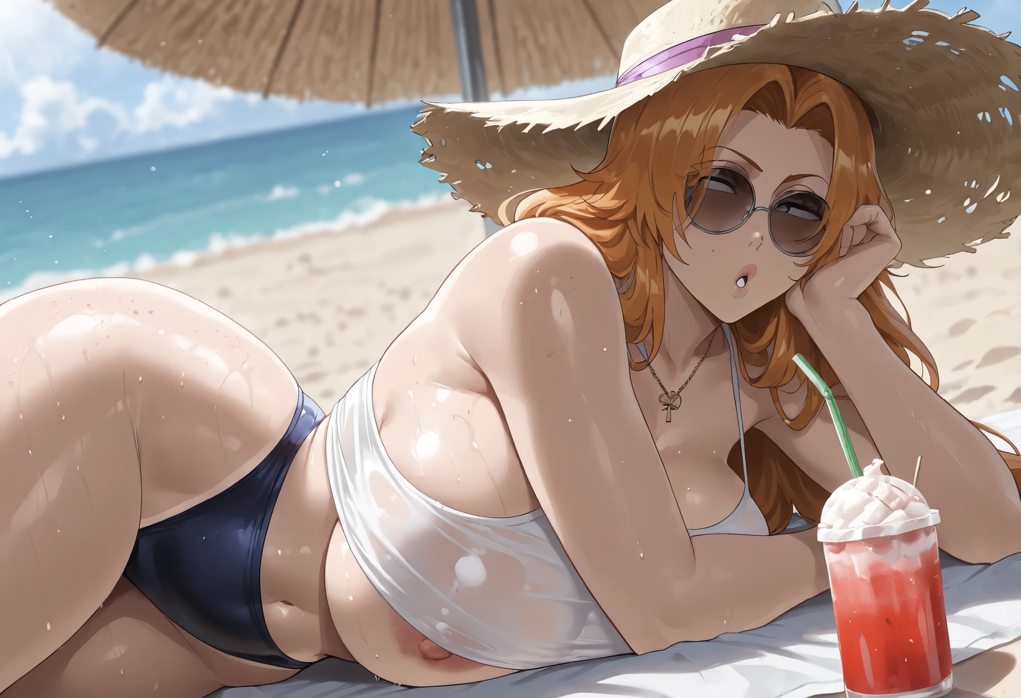 ai generated, beach, beach towel, beach umbrella, big breasts, bleach, breasts, female, glasses, laying on side, matsumoto rangiku, milf, mirror image, red hair, see-through clothing, sexy, straw hat, wide hips