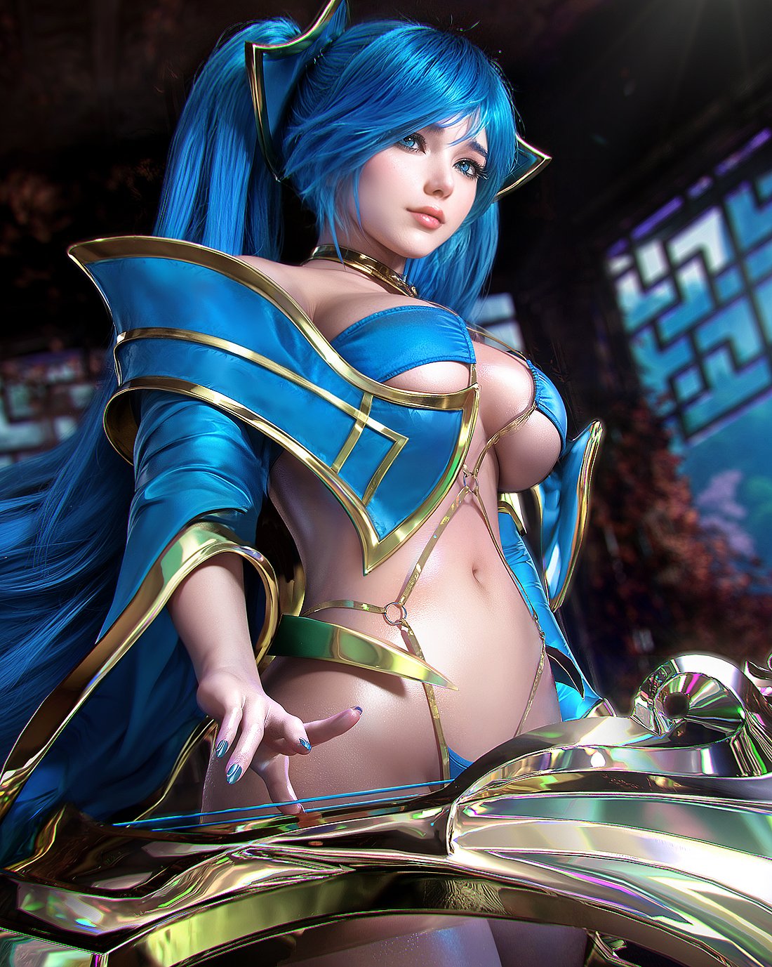 1girls, 3d, blue bikini, blue eyes, blue hair, blue nails, breasts, clothing, female, female focus, female only, large breasts, league of legends, legs, light skin, light-skinned female, lips, long hair, looking at viewer, makeup, nail polish, pinup, riot games, sevenbees, skimpy bikini, skimpy swimwear, solo, solo female, sona buvelle, standing, strap bikini, swimsuit, swimwear, tied hair, twintails, very long hair
