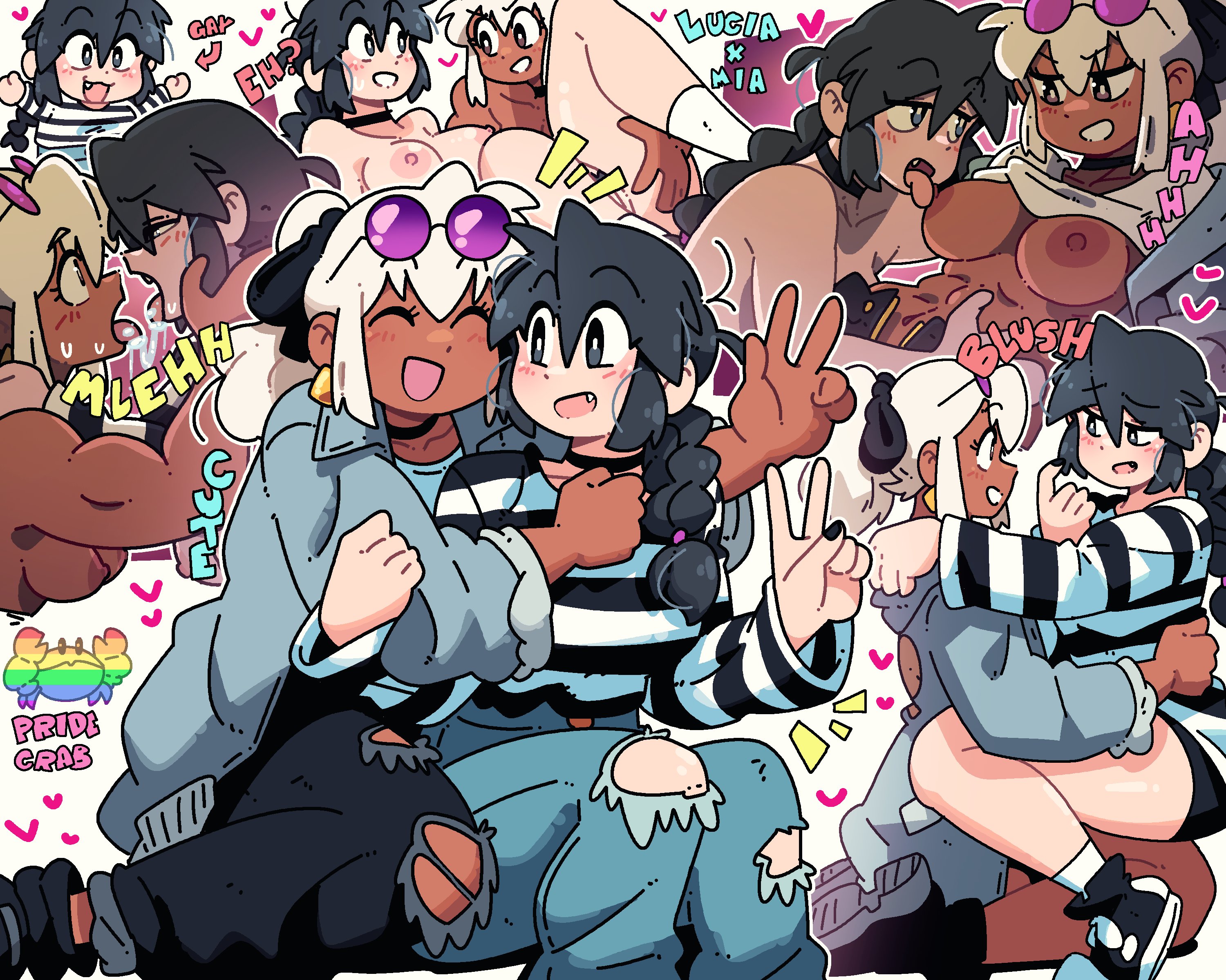 2d, 2girls, abs, bangs, black hair, black shorts, blush, braid, braided ponytail, breast lick, breasts, choker, couple, crop top, dark skin, dark-skinned female, digital media, earrings, female, female only, heart, hoop earrings, interracial, interracial yuri, kissing, lgbt pride, licking breast, light skin, light-skinned female, lucia (scott malin), mia (scott malin), multiple females, multiple girls, muscular, nipples, open mouth, original, original character, ponytail, pride colors, pride month, pussy, rainbow pride colors, raised eyebrows, saliva trail, scott malin, shorts, sneakers, sunglasses, sunglasses on head, tan body, tan skin, tongue, tongue kiss, tongue out, white background, white hair, yuri