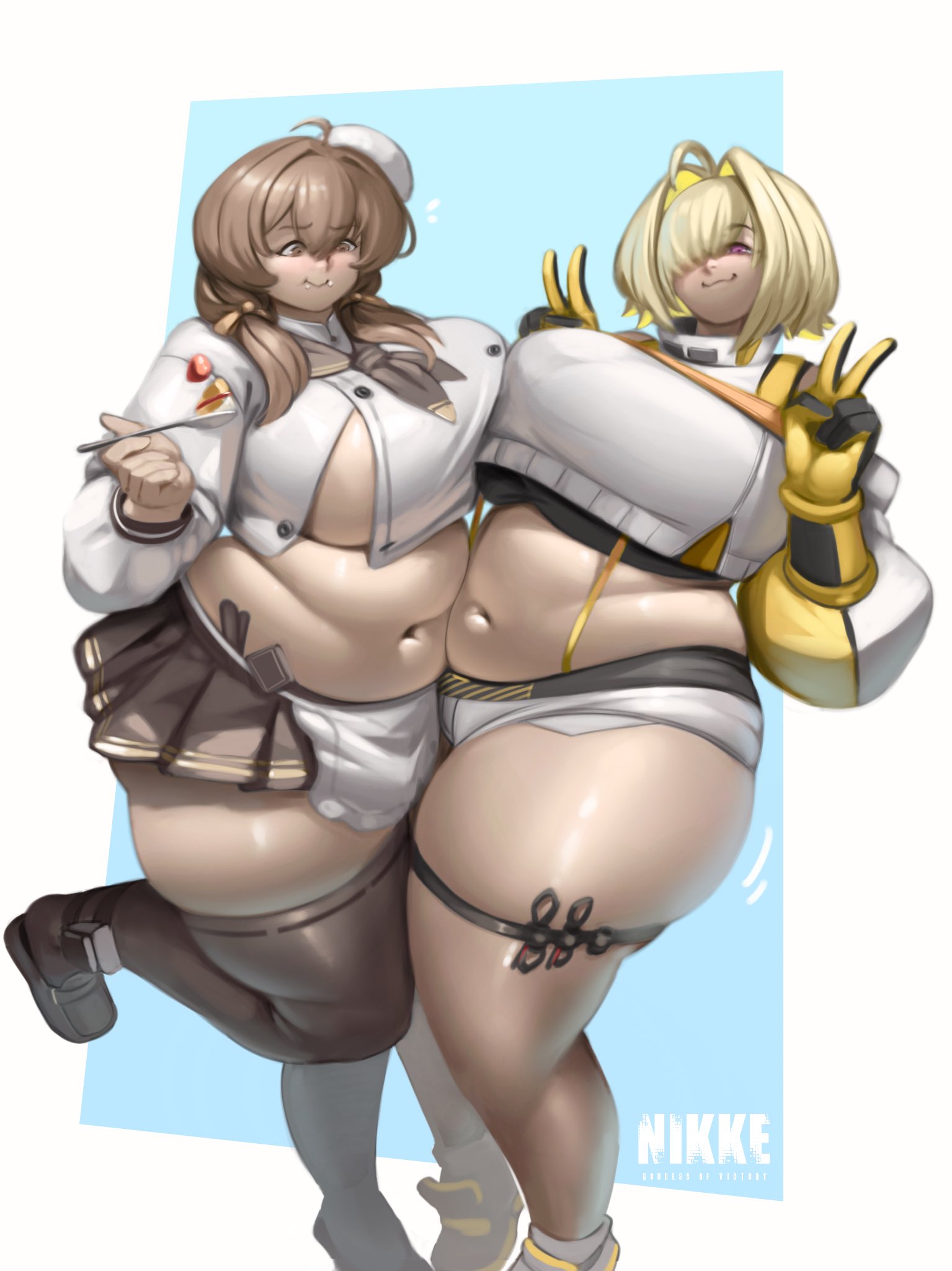 :3, 2girls, absurd res, ahoge, alterxsu, bbw, belly, big breasts, blonde hair, blush, booty shorts, bready (nikke), breasts, brown eyes, brown hair, busty, cake, cake slice, chubby, chubby female, clothed, clothing, curvaceous, curvy, curvy female, curvy figure, dessert, digital media (artwork), double v, duo, elegg (nikke), eyebrows, eyebrows visible through hair, eyelashes, female, female focus, female only, food, glistening, glistening body, goddess of victory: nikke, hair between eyes, hair intakes, hair over one eye, headgear, headwear, hi res, huge breasts, light skin, light-skinned female, looking at viewer, miniskirt, motion lines, obese, obese female, peace sign, pink eyes, pleated skirt, plump, purple eyes, short shorts, shorts, skindentation, skirt, suspenders, thick thighs, thigh strap, thighhighs, twitter link, v, v sign, video games, voluptuous, voluptuous female, waist apron, wide hips