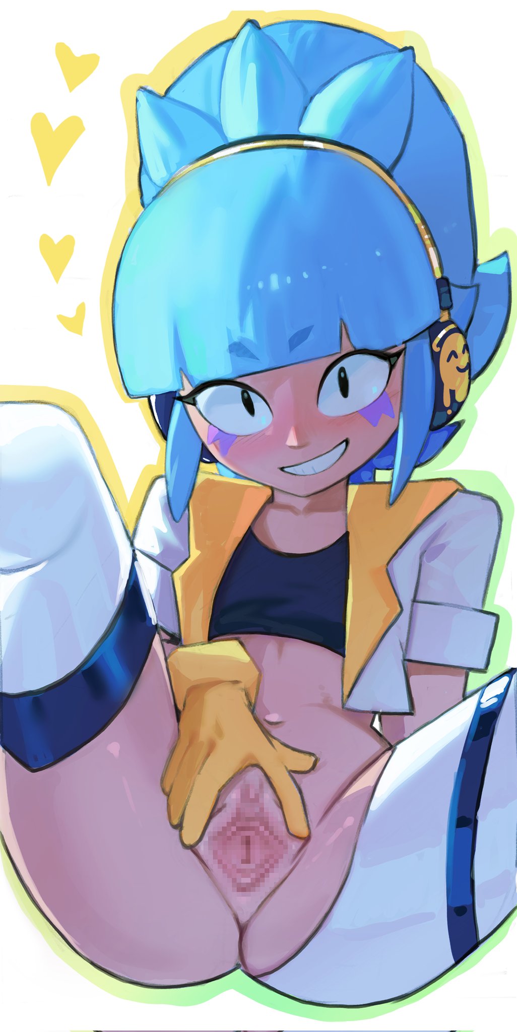 blue hair, brawl stars, censored, female, janet (brawl stars), polchito, popstar janet, presenting, presenting pussy, pussy, smile, smiling at viewer, spread legs, spread pussy, spreading, supercell