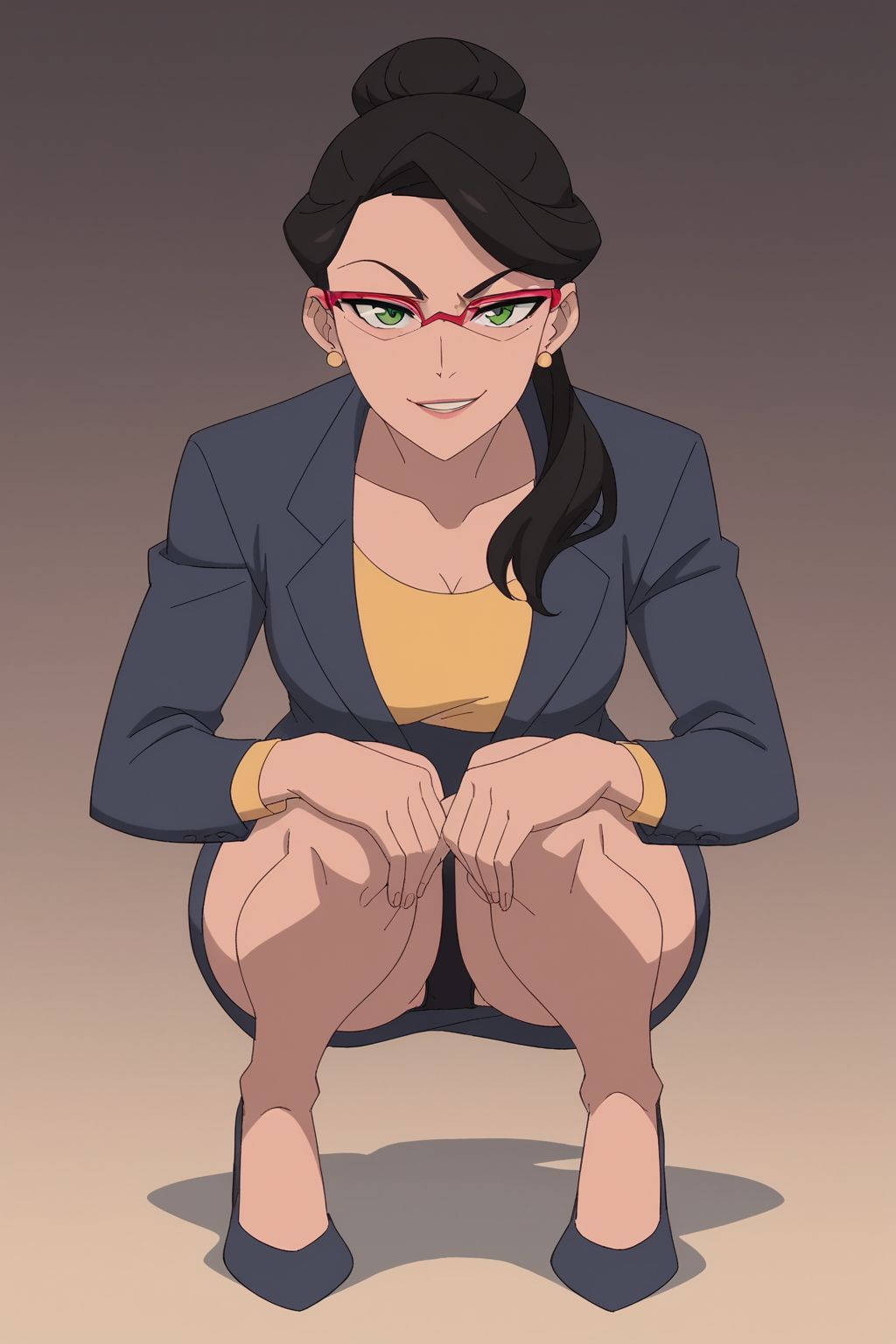 ai generated, black hair, breasts, female, glasses, green eyes, heels, legs together, medium breasts, my adventures with superman, panties, sitting, smile, squatting, stable diffusion, suit, superman (series), tagme, upskirt, vicki vale, vicki vale (my adventures with superman)