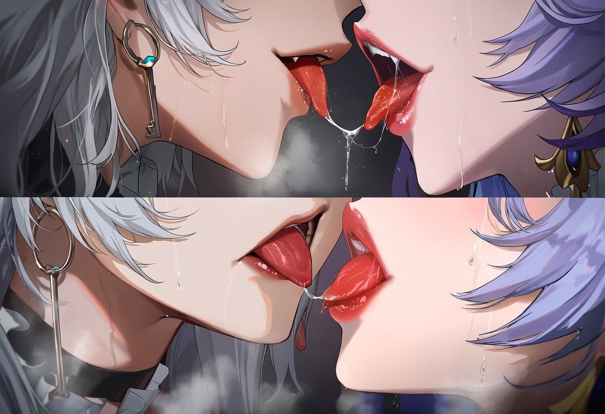 1boy, 2girls, after kiss, ai generated, cantarella (wuthering waves), choker, close-up, earrings, female, grey hair, head out of frame, jewelry, lips, long hair, makeup, male, multiple females, multiple girls, mur ai nsfw, open mouth, purple hair, saliva, saliva trail, sweat, teeth, tongue, tongue out, upper teeth, wuthering waves, yuri, zani (wuthering waves)