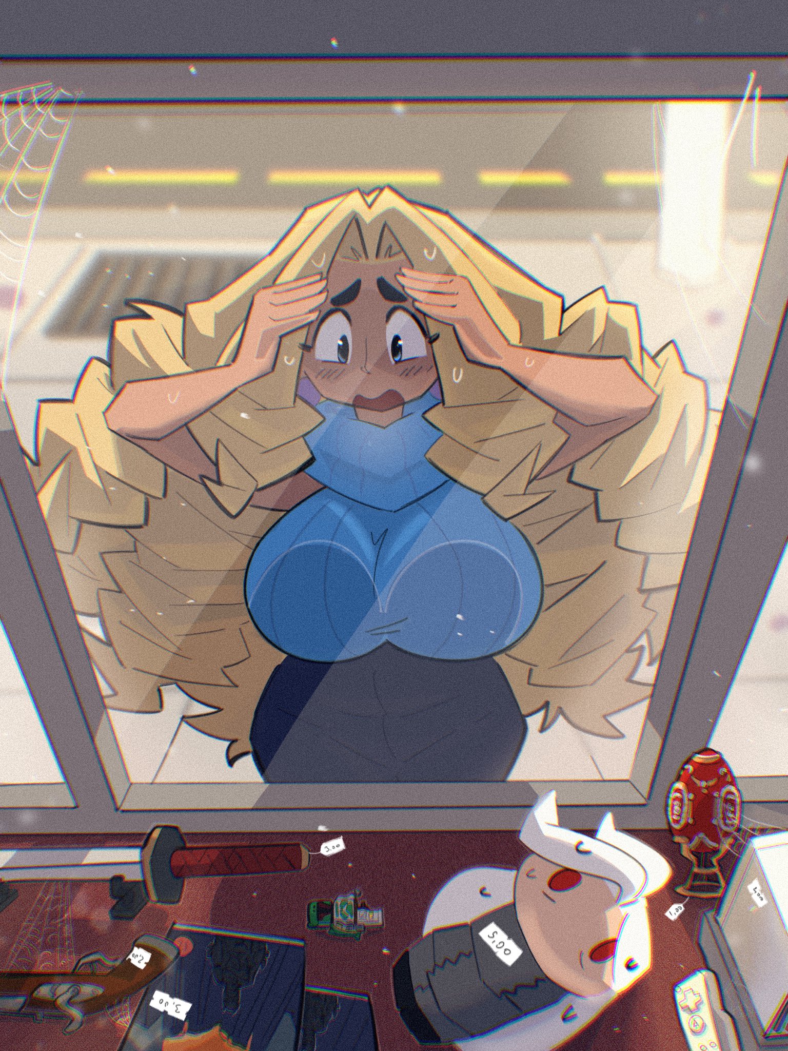 anxious, big breasts, blonde female, blonde hair, blonde-haired female, boobs bigger than head, boobs pressed, breasts, breasts bigger than head, breasts on glass, curvaceous, curvy, curvy body, curvy female, curvy figure, curvy hips, display, display window, female, glass, hips, hips wider than shoulders, hourglass figure, hourglass figured female, kap o, large boobs, large breasts, maria (kap o), misty (kap o), oc, original, original character, original characters, sweat, sweatdrop, sweating, sword, tagme, turtleneck, turtleneck sweater, voluptuous, voluptuous female, worried, worried expression, worried look