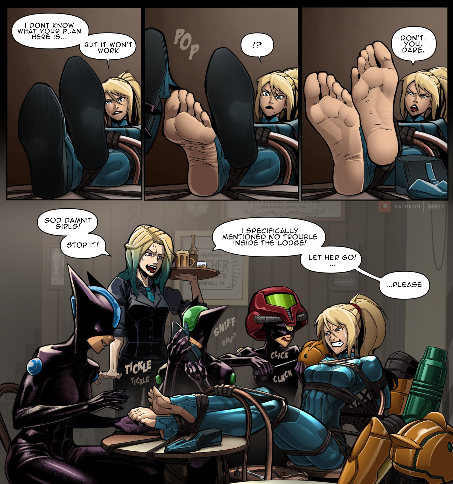 3girls, angry, angry sub, arms behind back, bad end, bondage, bound, briel7, captured, captured heroine, damsel in distress, defeated, defeated heroine, defiant, defiant sub, dialogue, domination, english, english text, feet, female, female focus, female only, femsub, foot fetish, forced, forced exposure, forced submission, frustrated, helpless, humiliation, kidnapped, metroid, nintendo, restrained, rope, rope bondage, samus aran, shoes removed, suit, super smash bros, tied up, unhappy, unhappy female, worried, zero suit samus