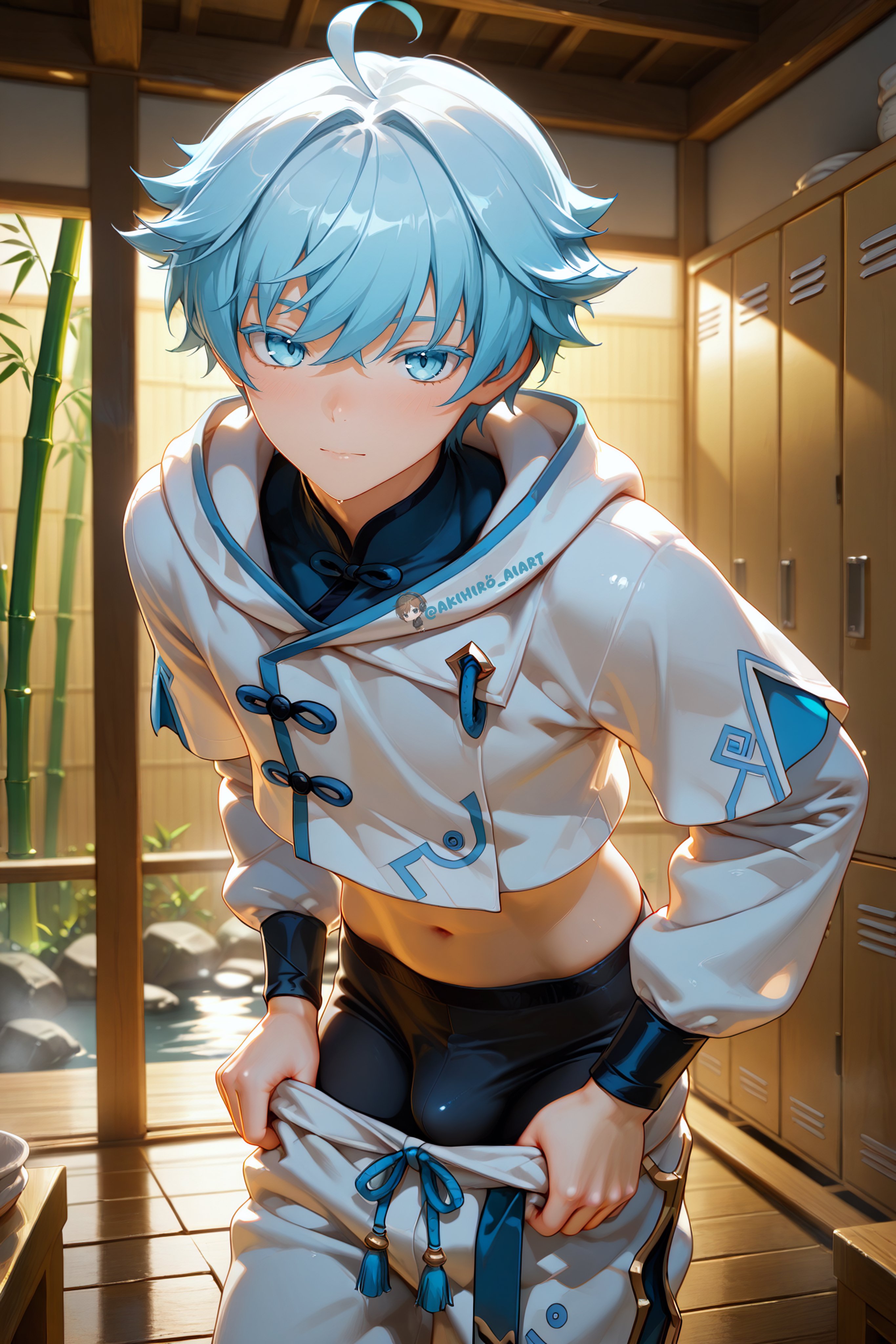1boy, ai generated, blue eyes, blue hair, bulge, bulge through clothing, chongyun (genshin impact), gay, genshin impact, hoyoverse, indoor, indoors, inside, male, male only, mihoyo, solo, solo male, tagme